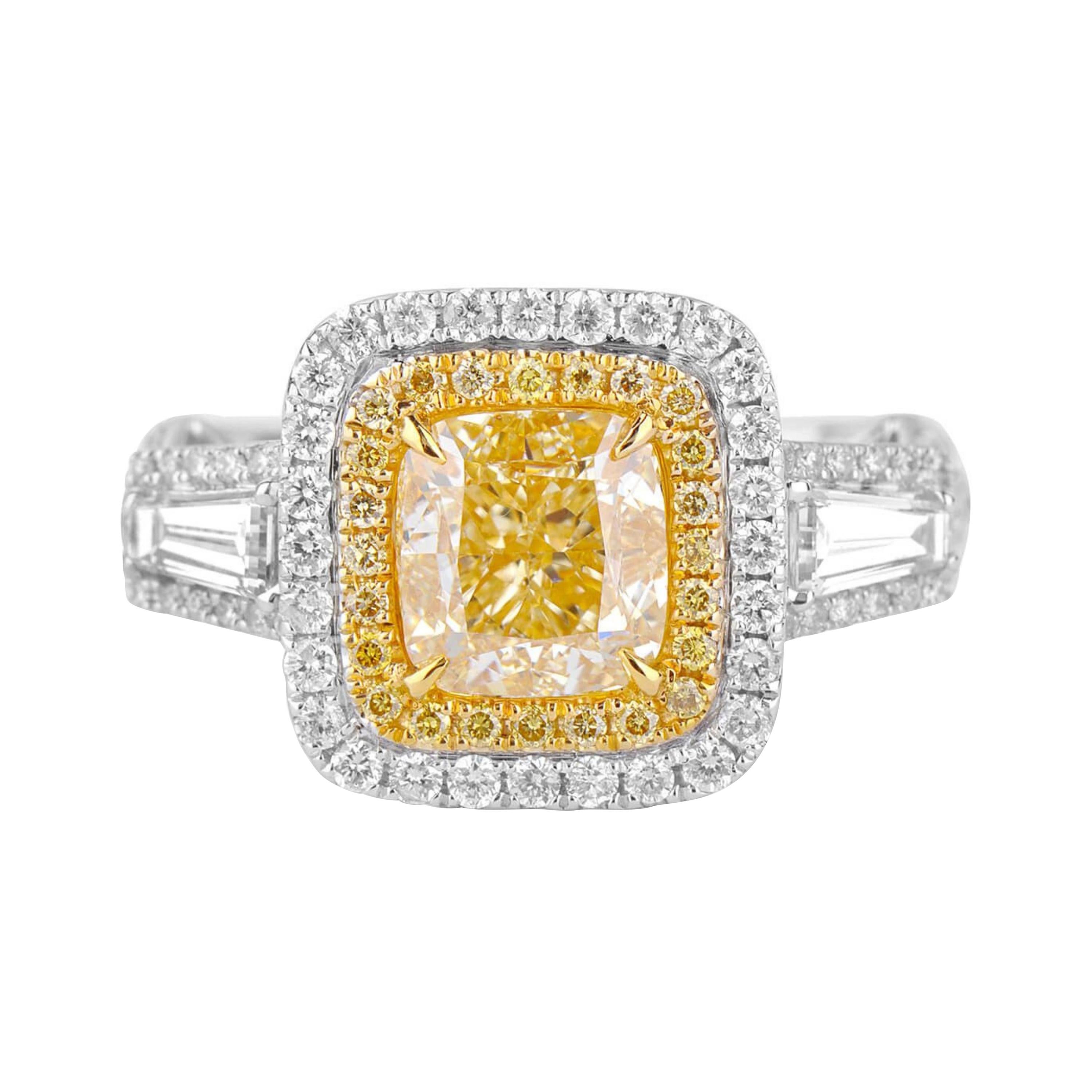 2 Carat Fancy Yellow Diamond Ring 18 Karat White Gold For Sale