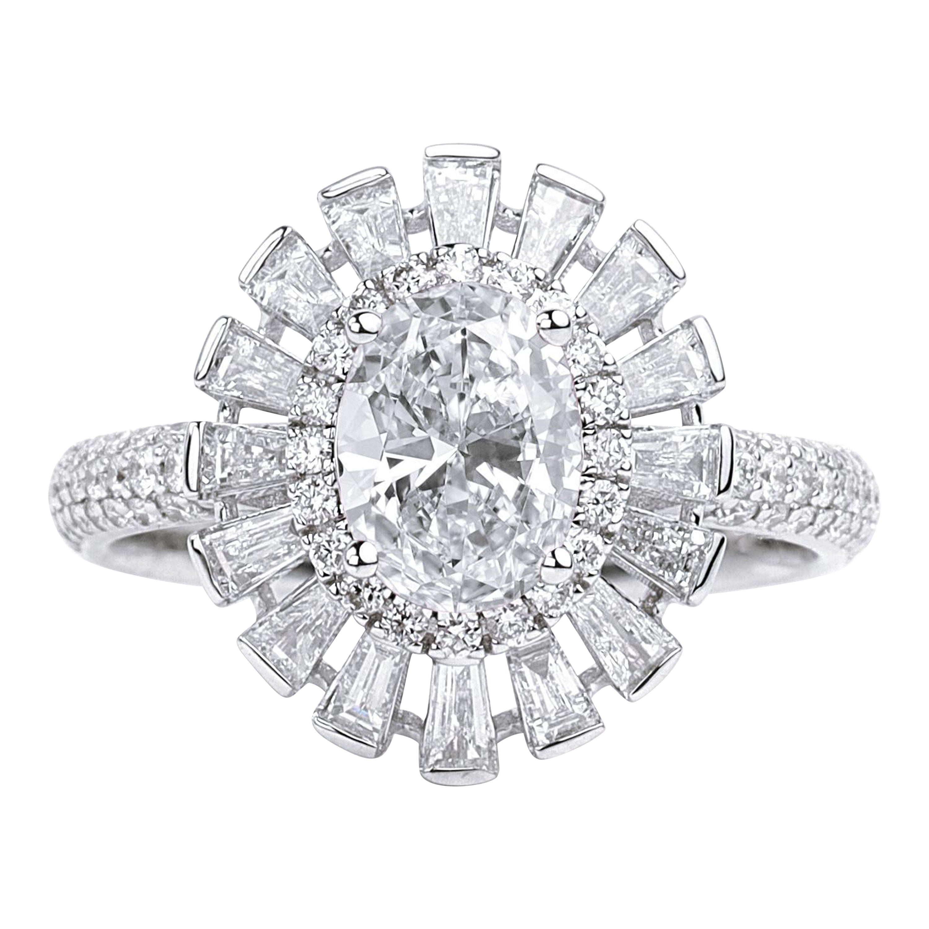 GIA-Bericht zertifizierter Verlobungsring mit 2 Karat G VS ovalem Diamant-Halo im Baguette-Schliff im Angebot