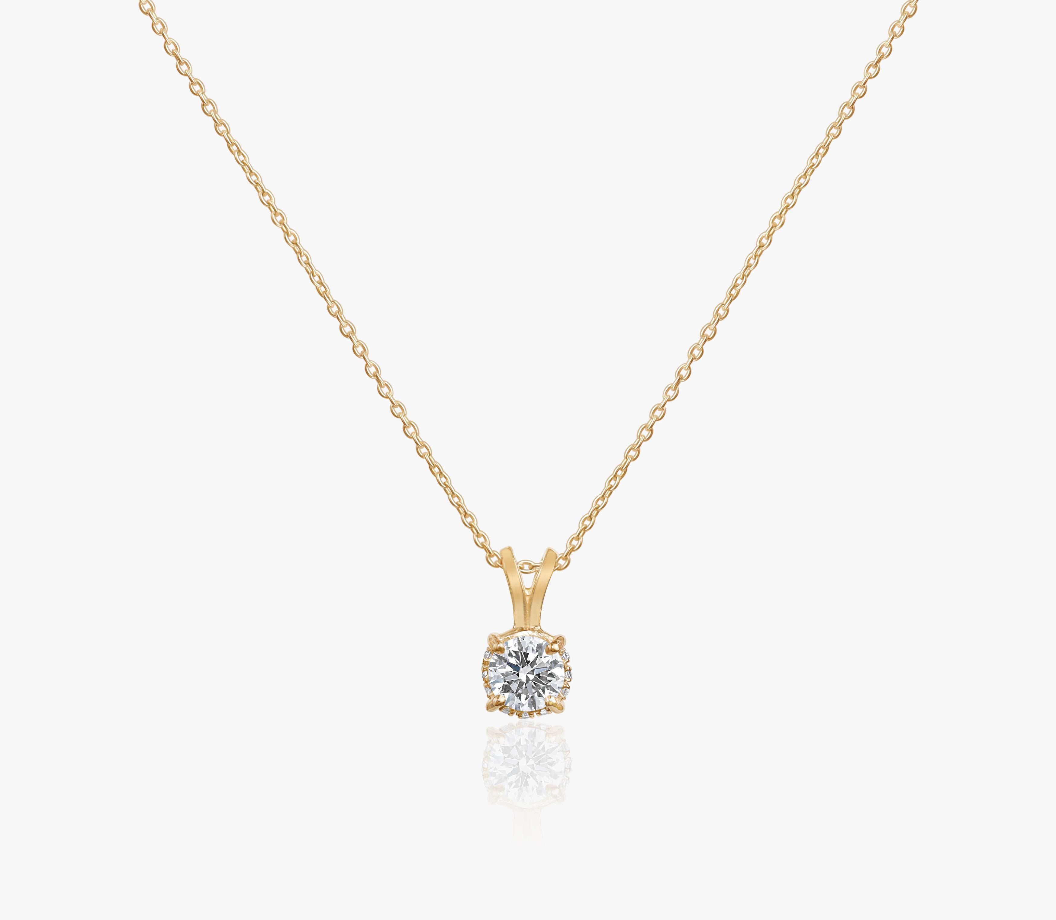 GIA Report Certified 2 Carat G VS Round Cut Diamond Hidden Halo Pendant / Necklace, Gift for her 

Available in 18k Yellow gold.

Same design can be made also with other custom gemstones per request.

Product details:

- Solid gold

- Main stone -