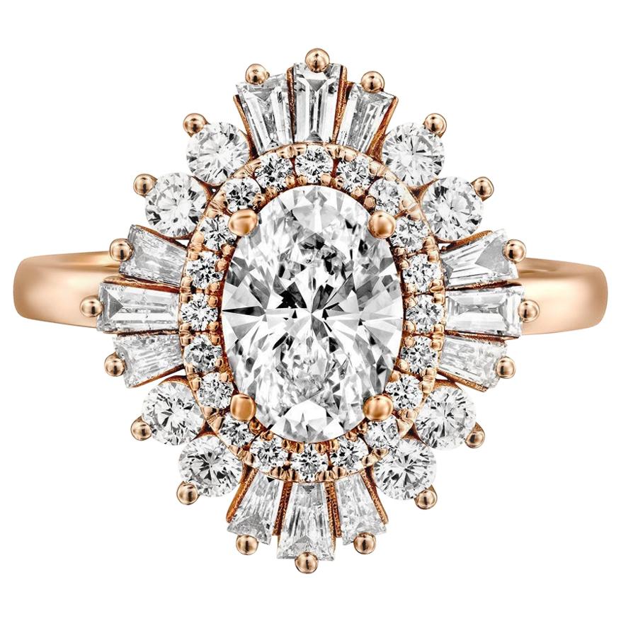 2 Karat Ballerina Diamantring, Ovaler Verlobungsring, Gatsby Diamantring, Vintage Verlobungsring, Art Deco Diamanten Ring Rose Gold
 
 Hauptstein Name: Diamant im Ovalschliff
 Gewicht des Hauptsteins: 1,0 ct.
 Hauptstein Reinheit: SI1
