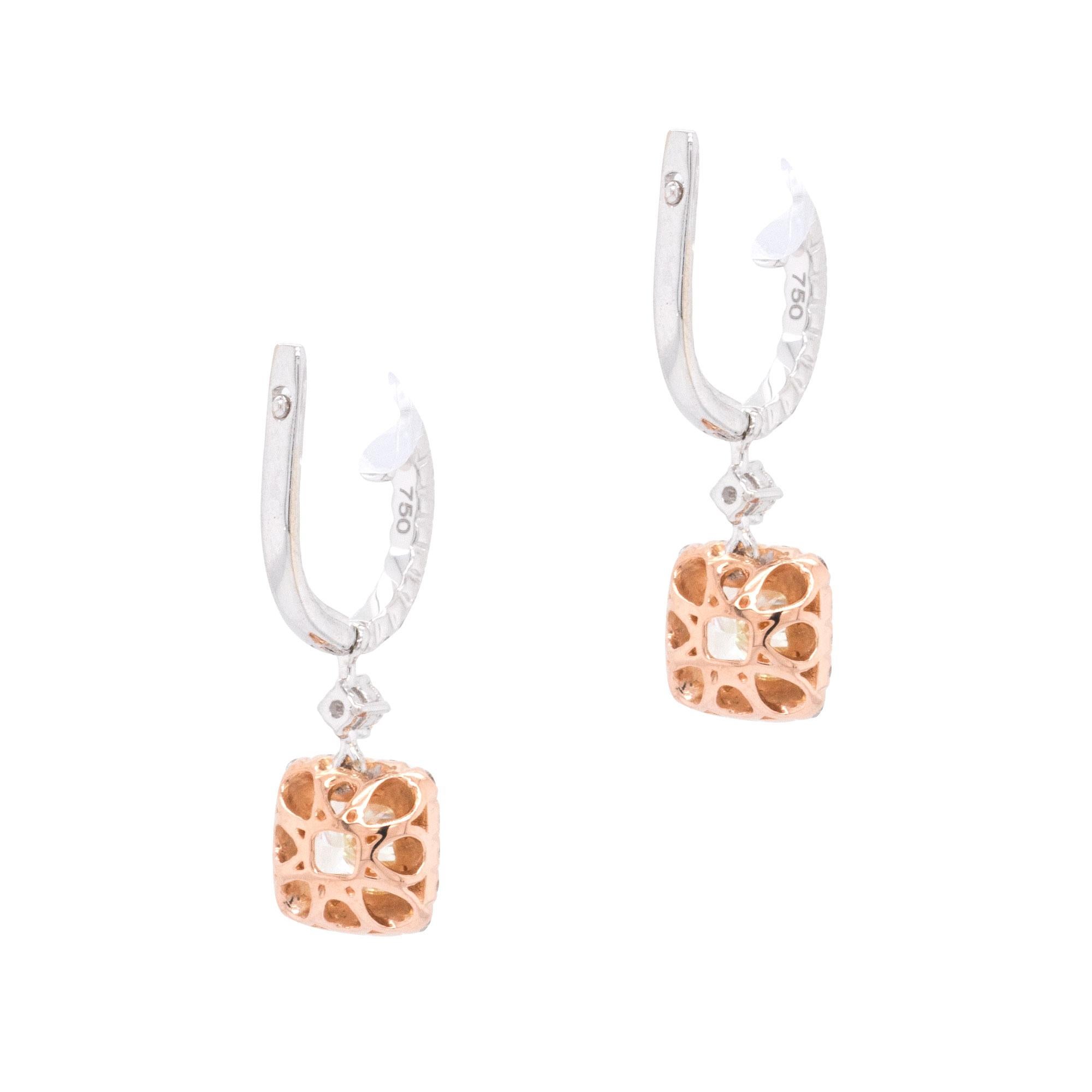 Taille coussin Boucles d'oreilles pendantes en diamant de 2 carats certifié GIA et taillé en coussin en vente