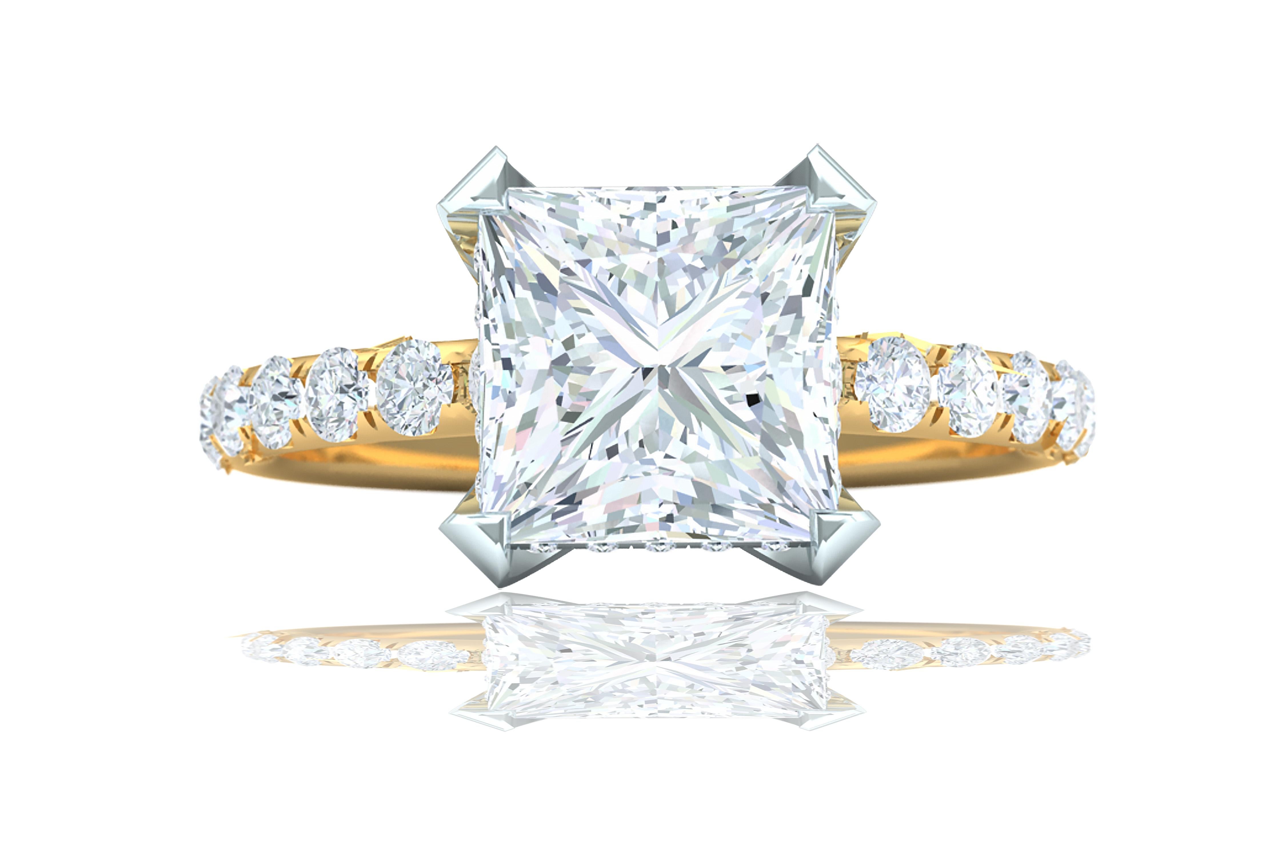 When you have a diamond which has the best color possible its important not to detract from its beauty.  That's exactly what this mounting does in keeping the center stone the focus.  The center diamond is a 2.01 carat Princess Cut GIA Certified