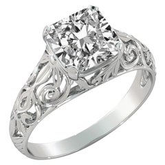 2 Carat GIA Cushion Engagement Ring, Vintage Diamond Ring, 18 Karat White Gold