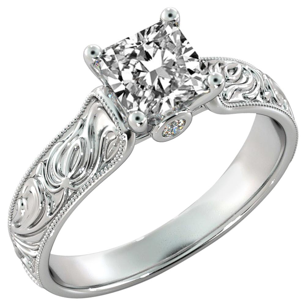 2 Carat GIA Princess Cut Diamond Engagement Ring, Hand Engraved Diamond Ring