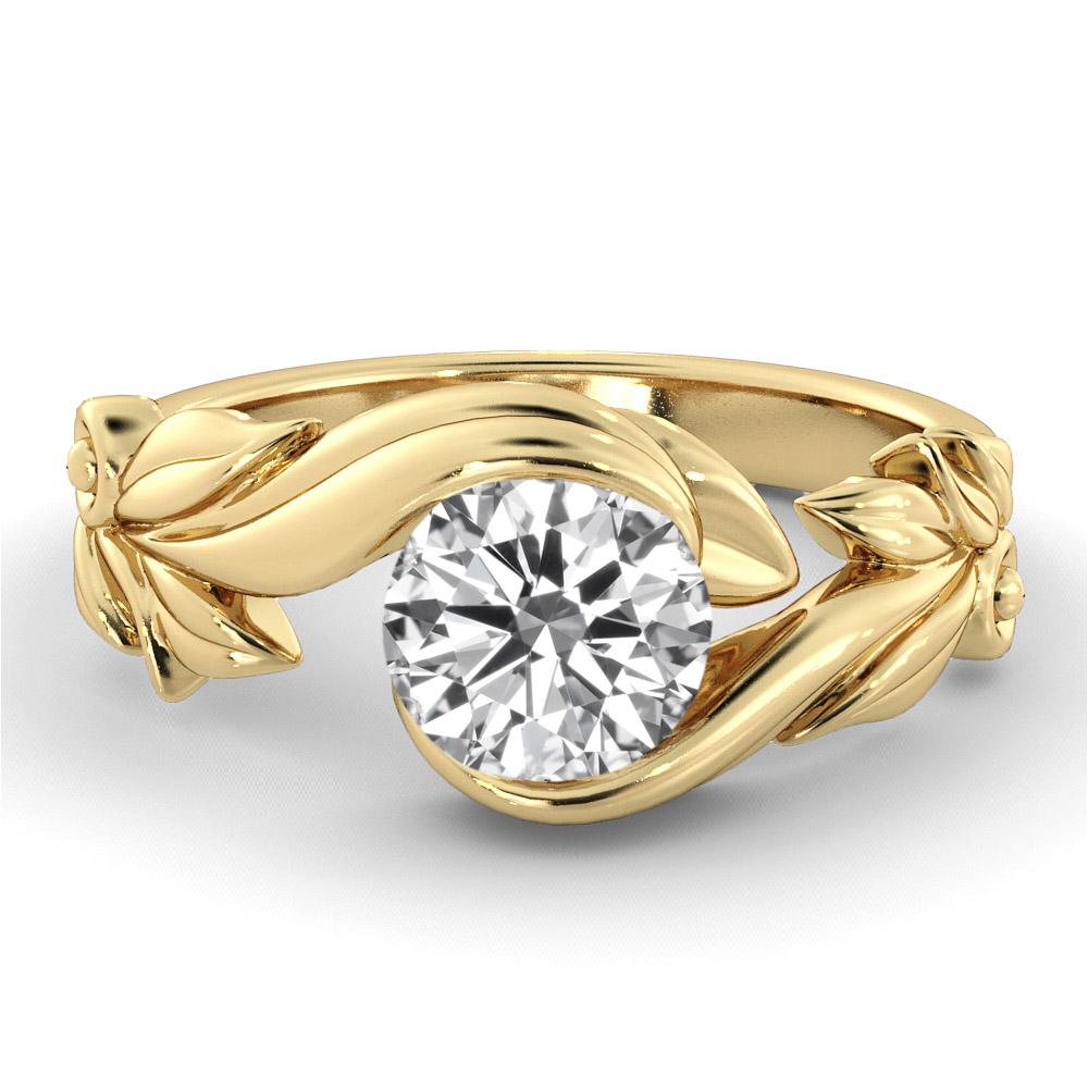 Unique vine leaf style setting GIA certified diamond engagement ring. Ring features a 2 carat round cut 100% eye clean natural diamond of F-G color and VS2-SI1 clarity. Set in a sleek, 18K yellow gold, solitaire ring with a 4-prong setting. The