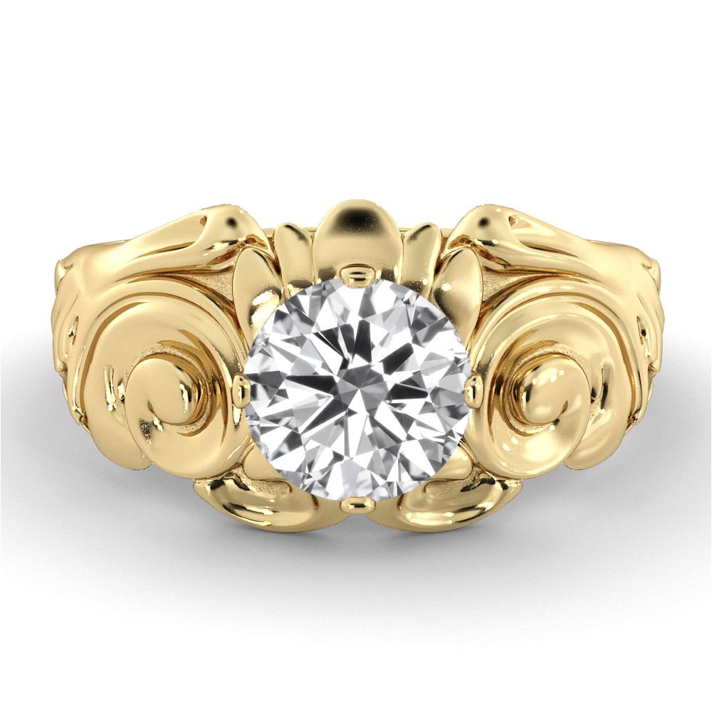 Stunningly unique setting GIA certified diamond engagement ring. Ring features a 2 carat round cut 100% eye clean natural diamond of F-G color and VS2-SI1 clarity. Set in a sleek, 18K yellow gold, solitaire ring with a 4-prong setting. The setting