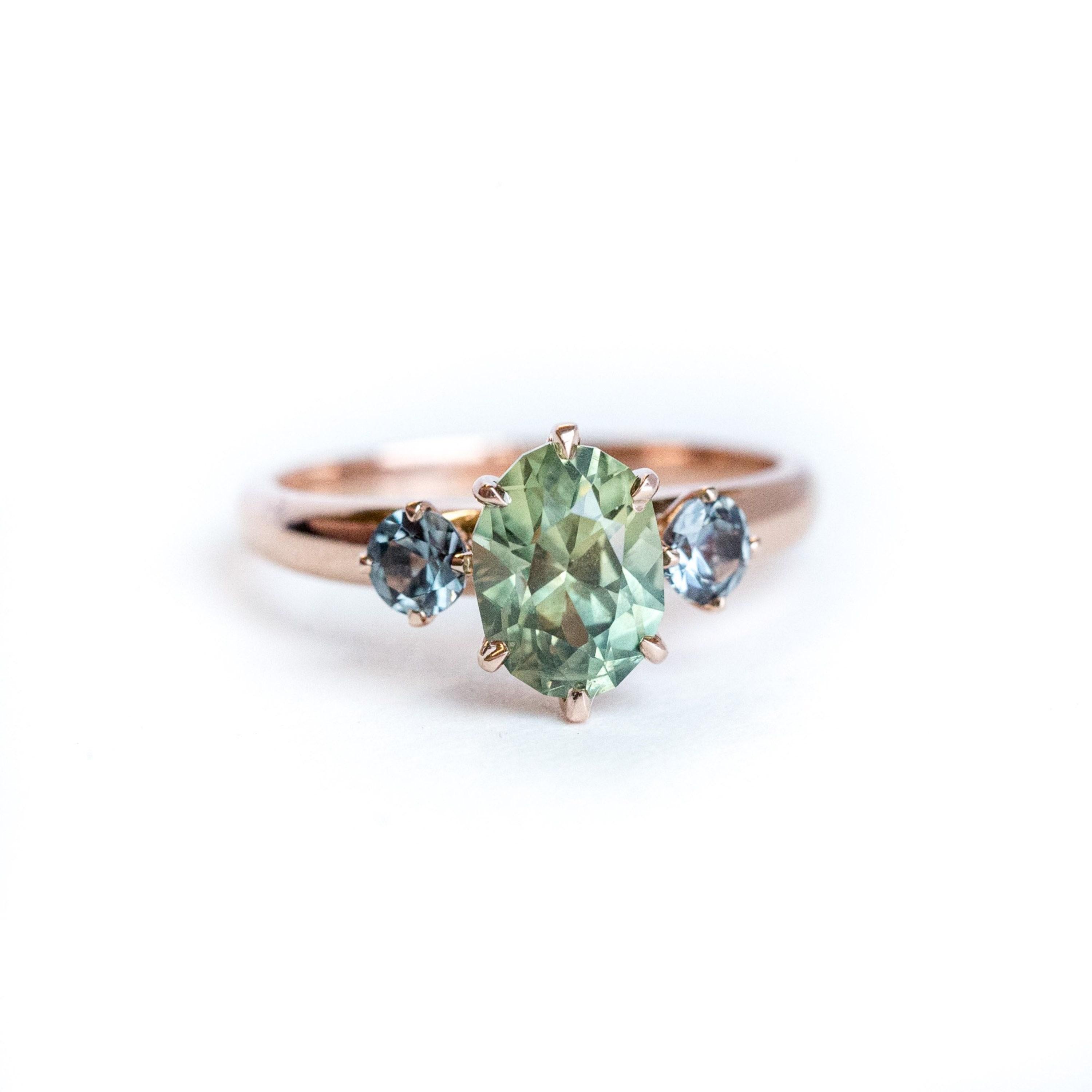 For Sale:  2 Carat Green Sapphire and Spinel stone Engagement Rings Three-Stone Ring 5