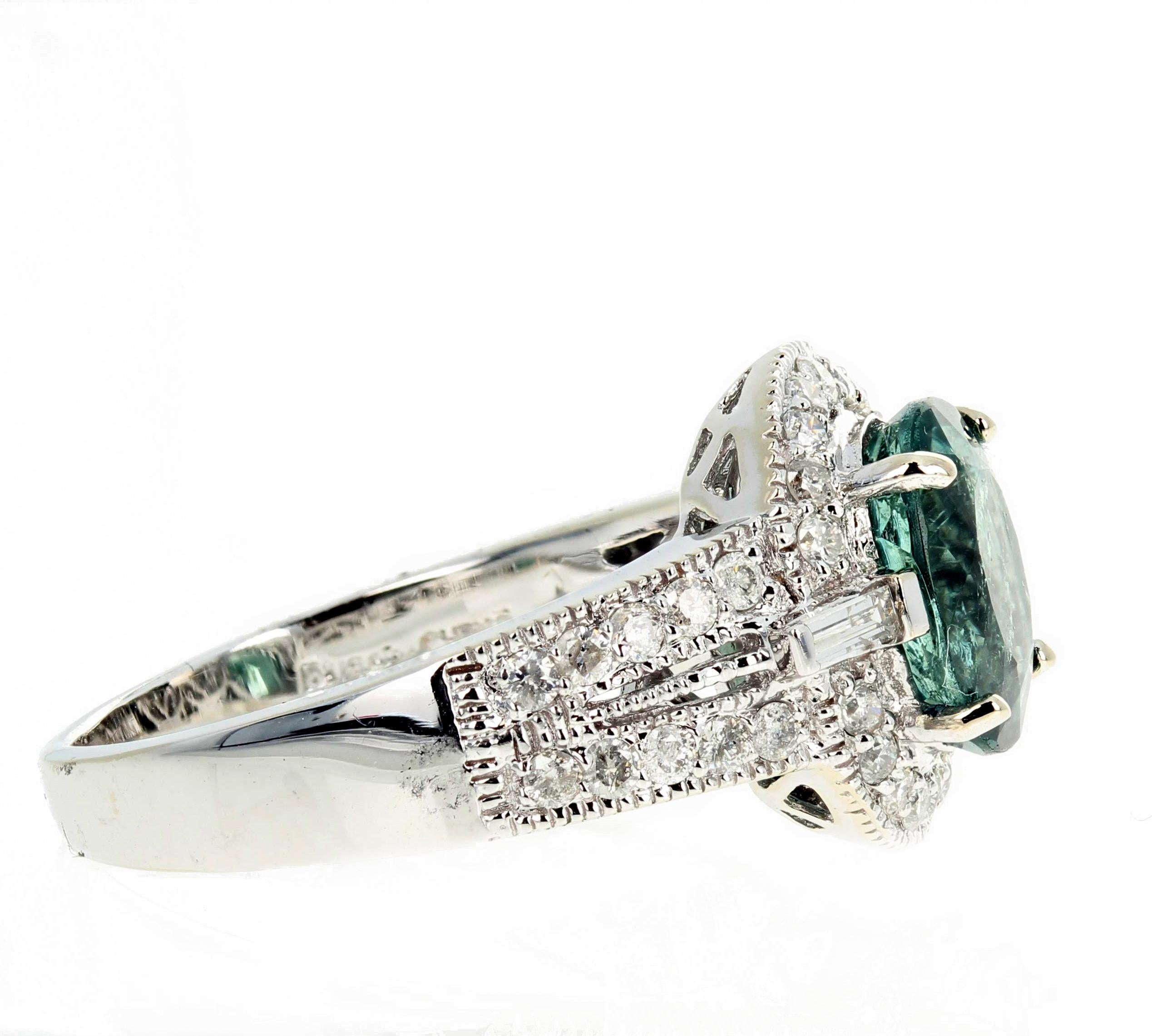 AJD Elegant 2 Ct Intense Natural Green Tourmaline & Diamond White Gold Ring For Sale 5