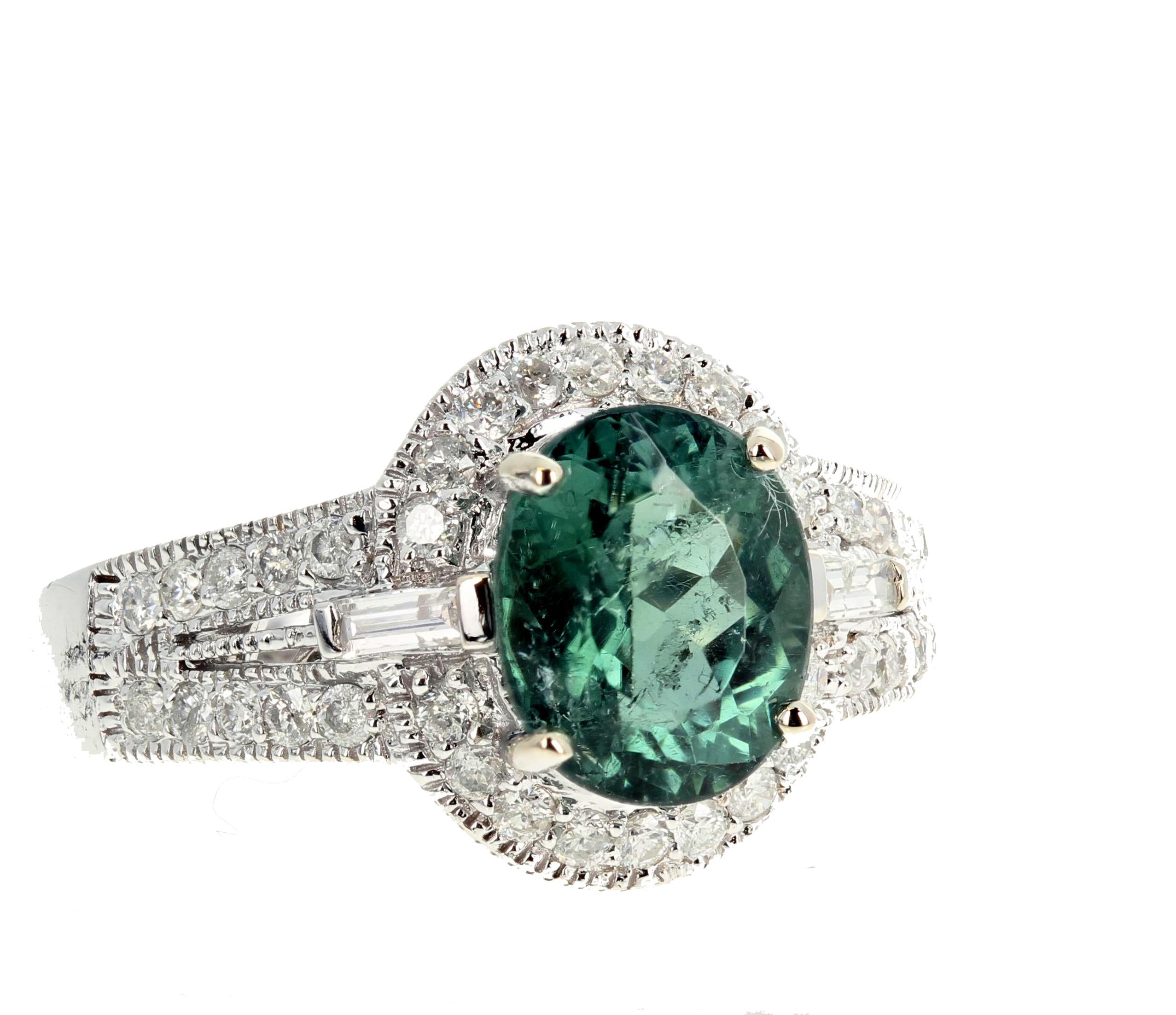 Oval Cut AJD Elegant 2 Ct Intense Natural Green Tourmaline & Diamond White Gold Ring For Sale