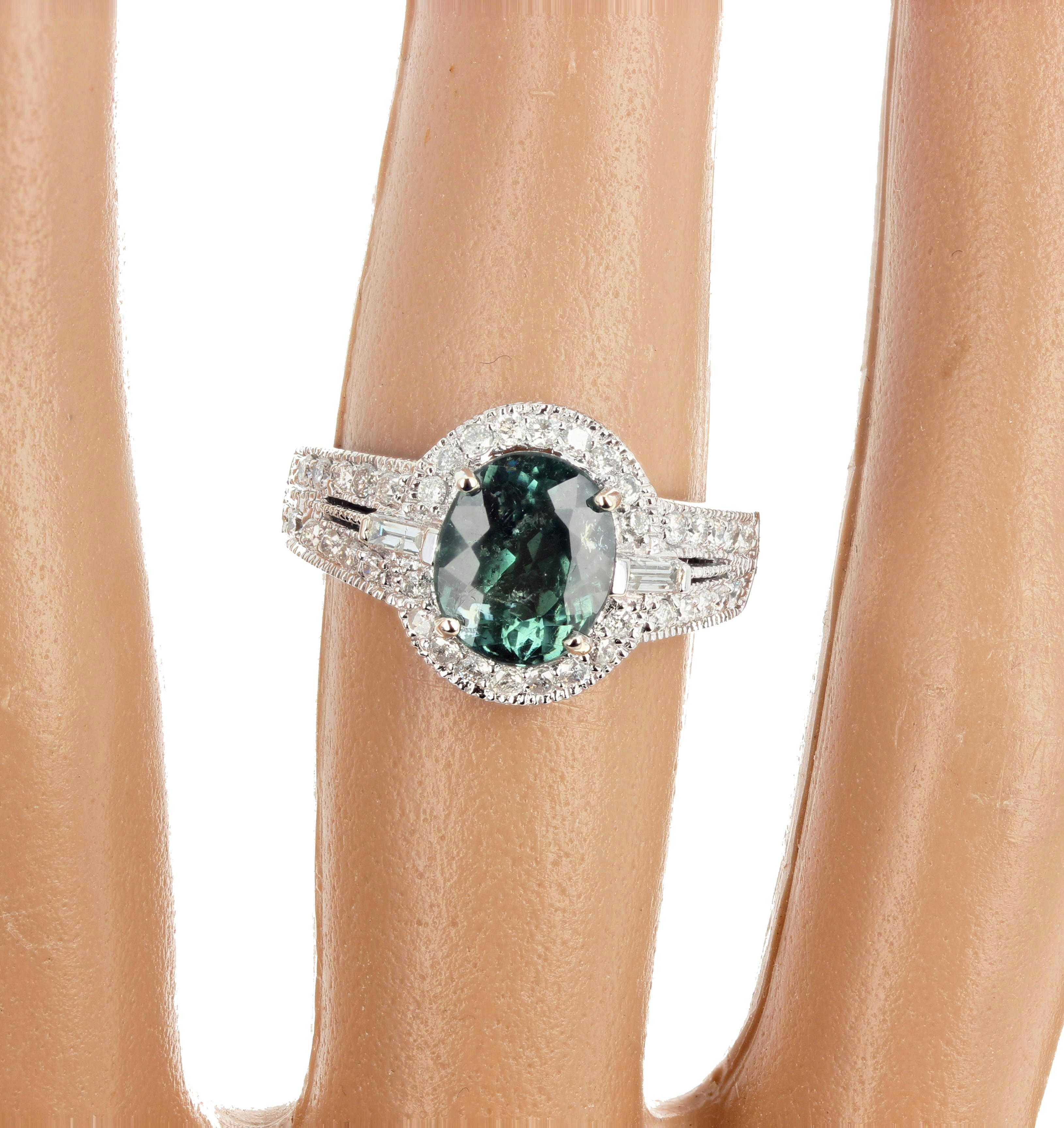 AJD Elegant 2 Ct Intense Natural Green Tourmaline & Diamond White Gold Ring In New Condition For Sale In Raleigh, NC