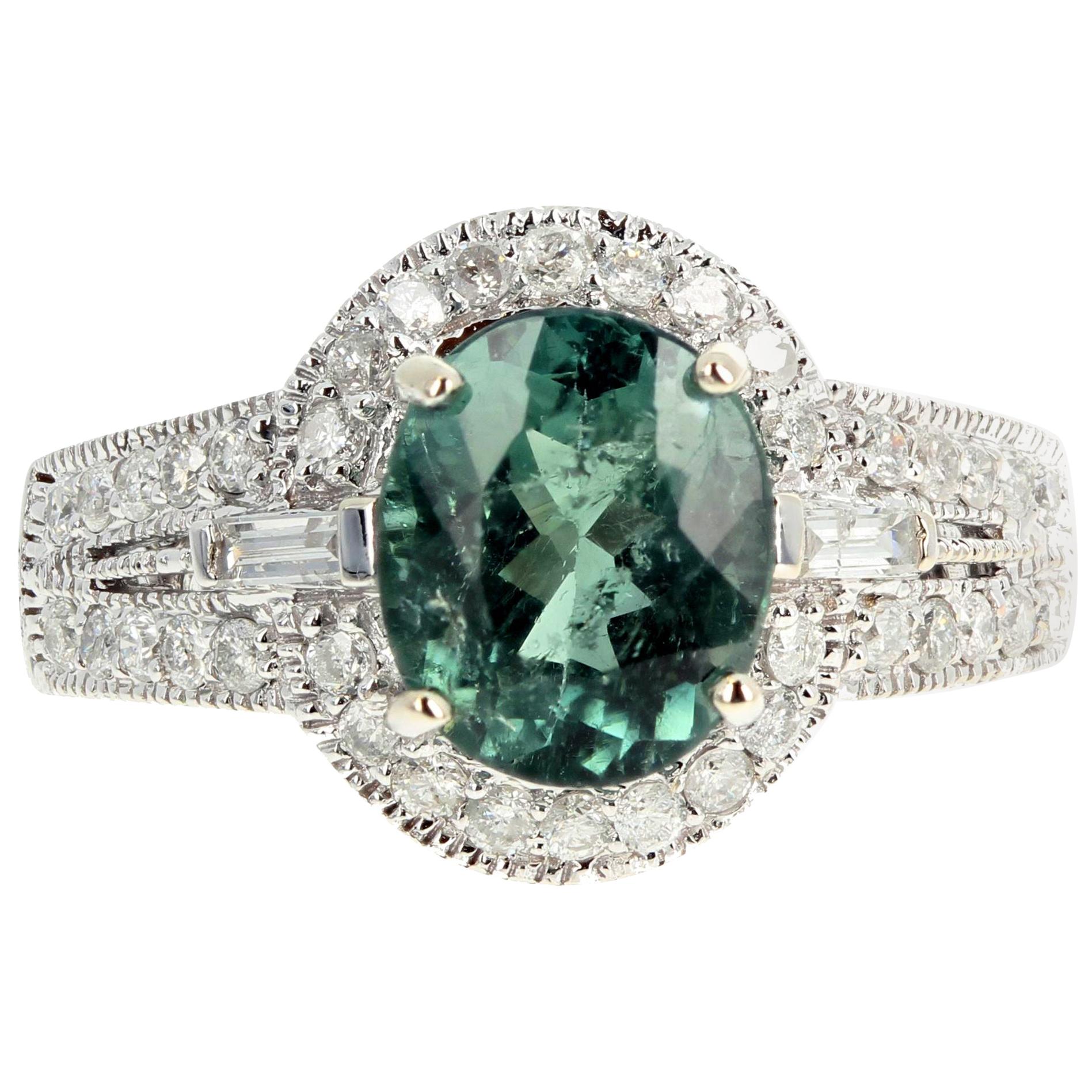 AJD Elegant 2 Ct Intense Natural Green Tourmaline & Diamond White Gold Ring