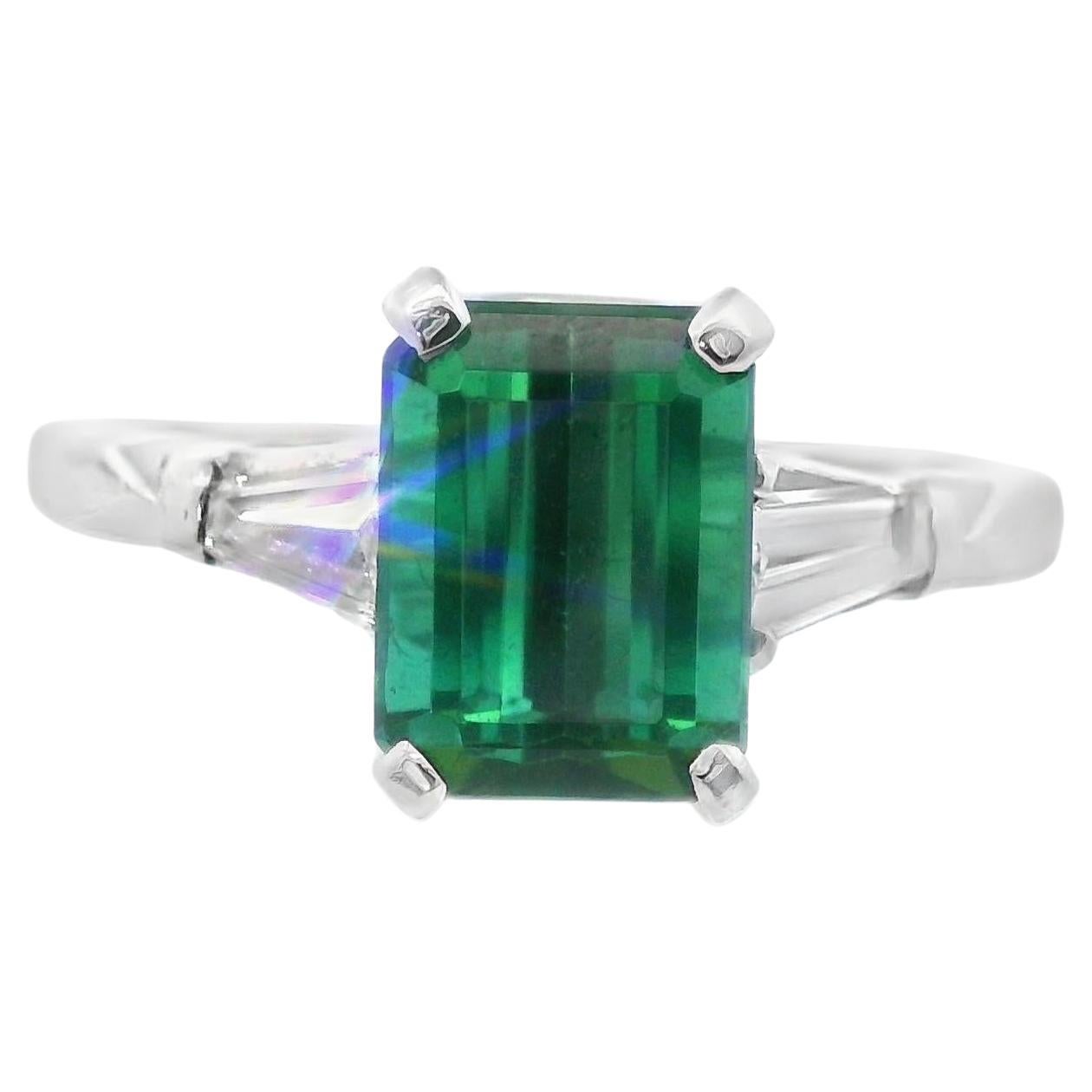 2 Carat Green Tourmaline and Tapered Baguette Diamond Platinum Ring