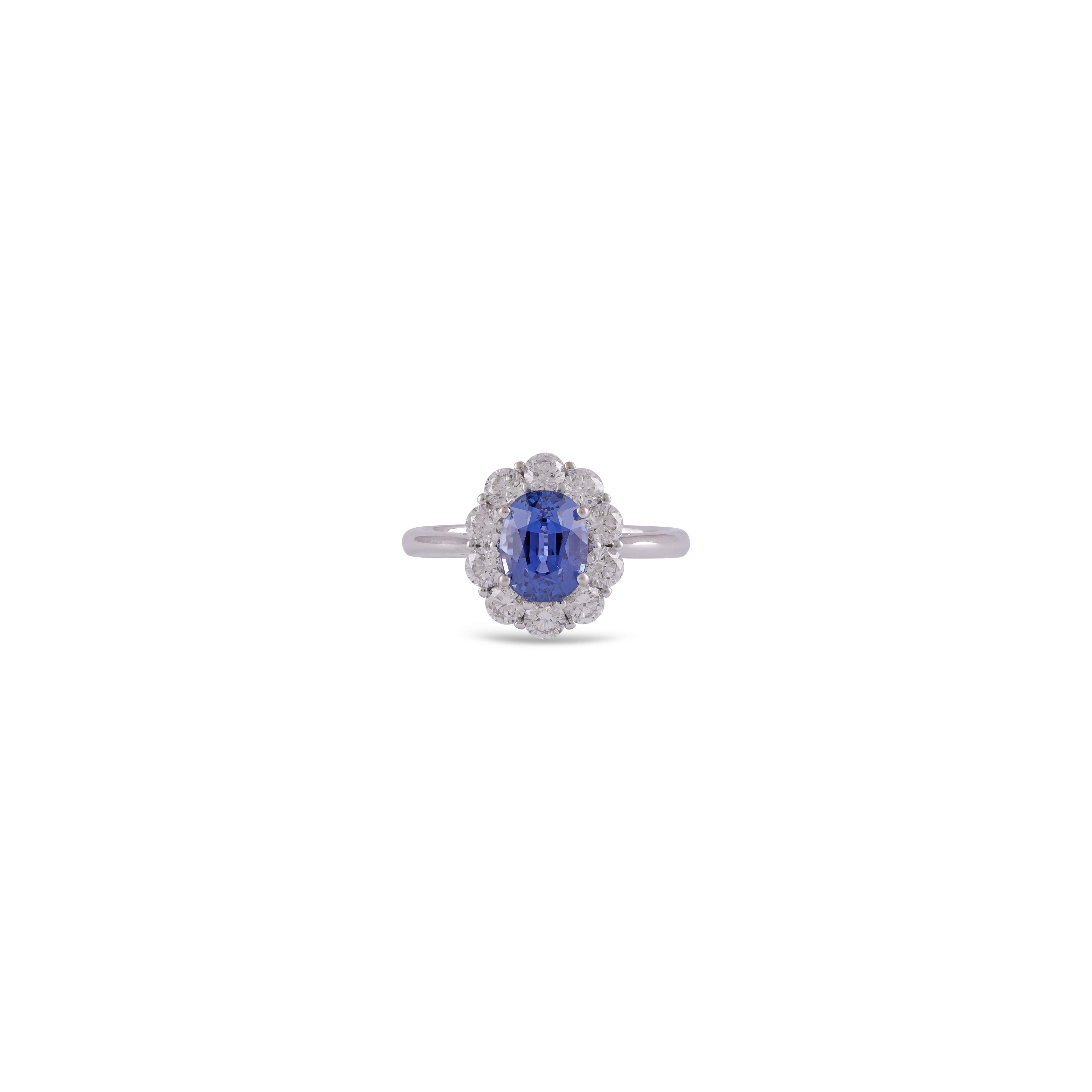 Its an exclusive Sapphire & diamond ring studded in 18k White gold with 1 piece of Sapphire weight 2.00 carat with 10 pieces of diamonds weight 0.95 carat this entire ring is studded in 18k White gold , ring size can be change as per the