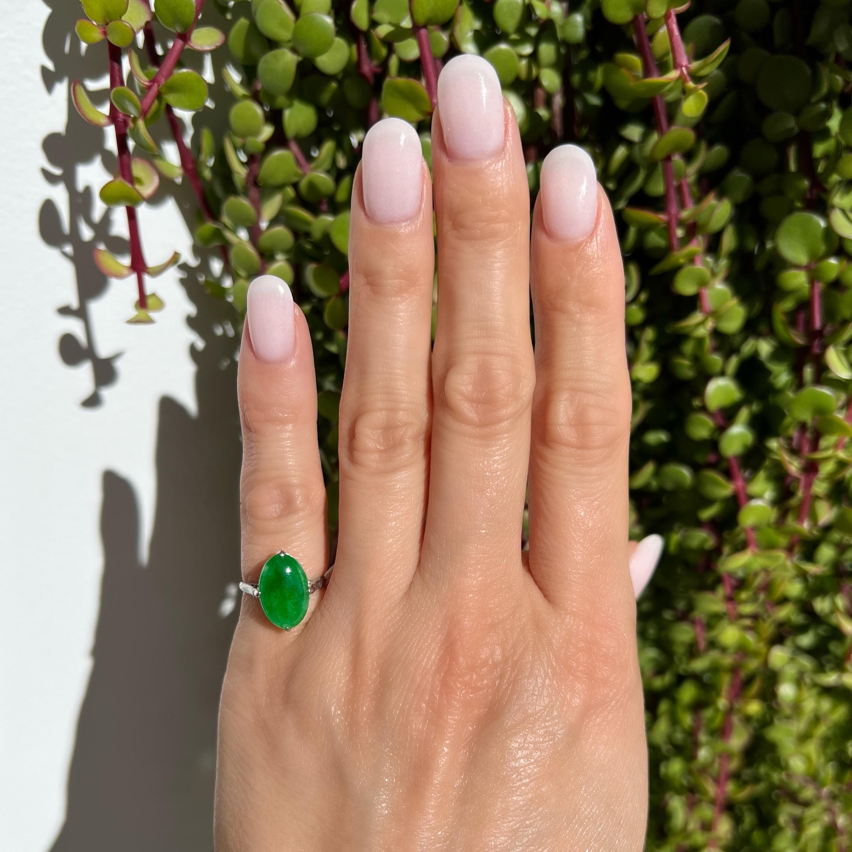 Modern 2 Carat Jade Jadeite Solitaire Platinum Cocktail Ring For Sale