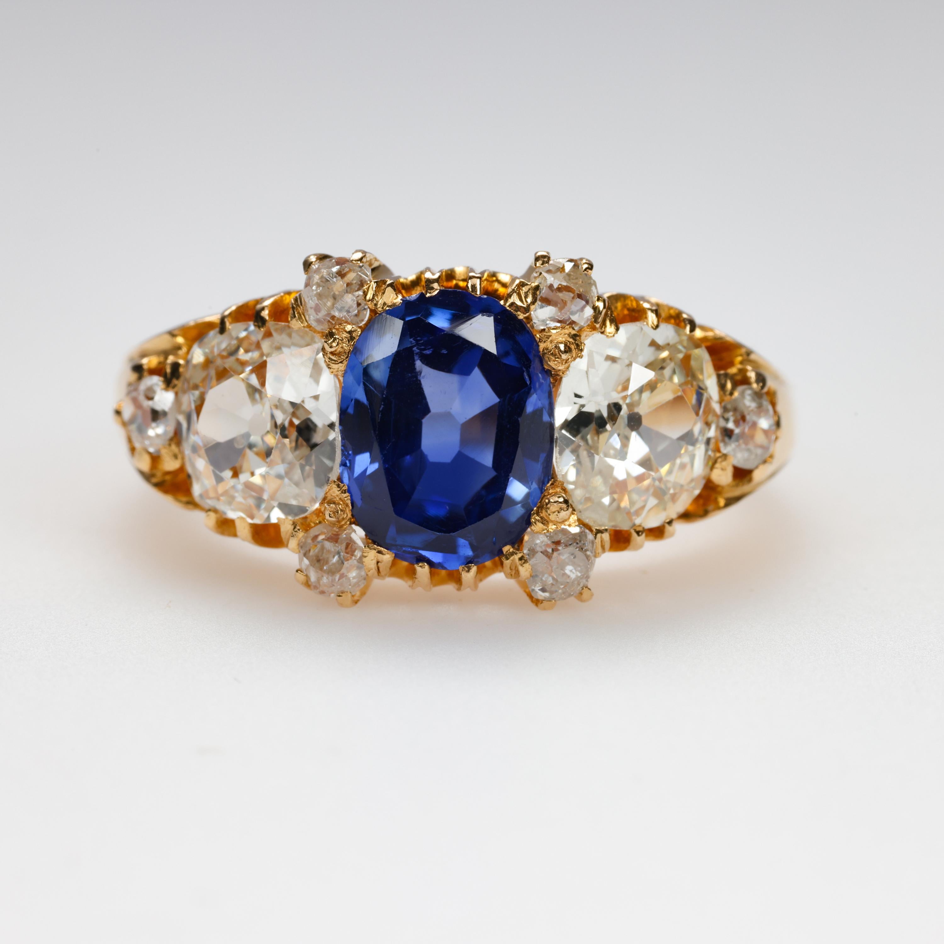An antique Kashmir sapphire that is open and bright, vivid and intense is the centerpiece of this exceedingly rare unisex ring from the mid-1880s to early 1900s. Hand-crafted in high-karat gold (either 23K or 24K), the ring showcases an oval