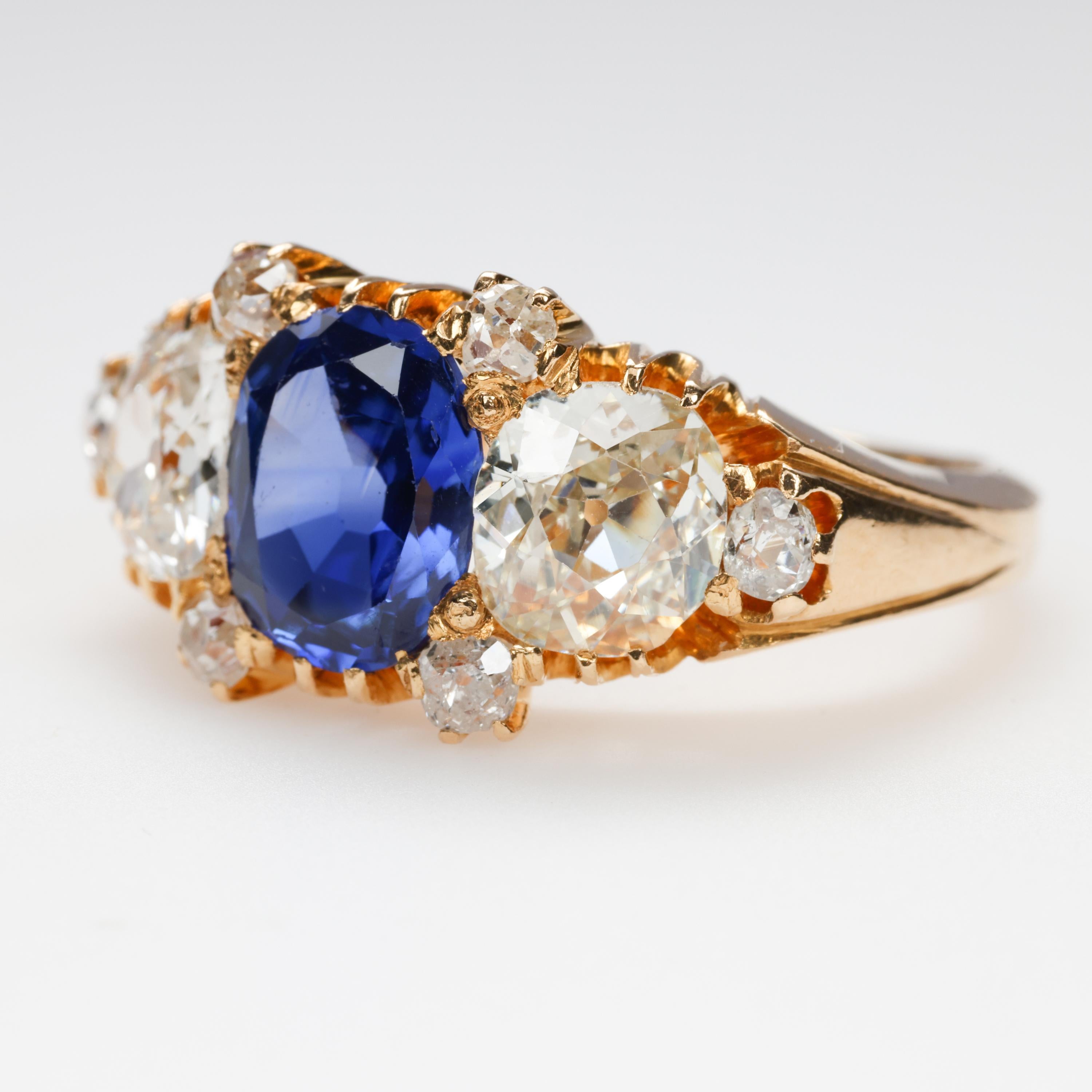 Victorian Kashmir Sapphire & Diamond Ring SSEF, AGL & GCS Certified No-Heat, 2-Carat Stone