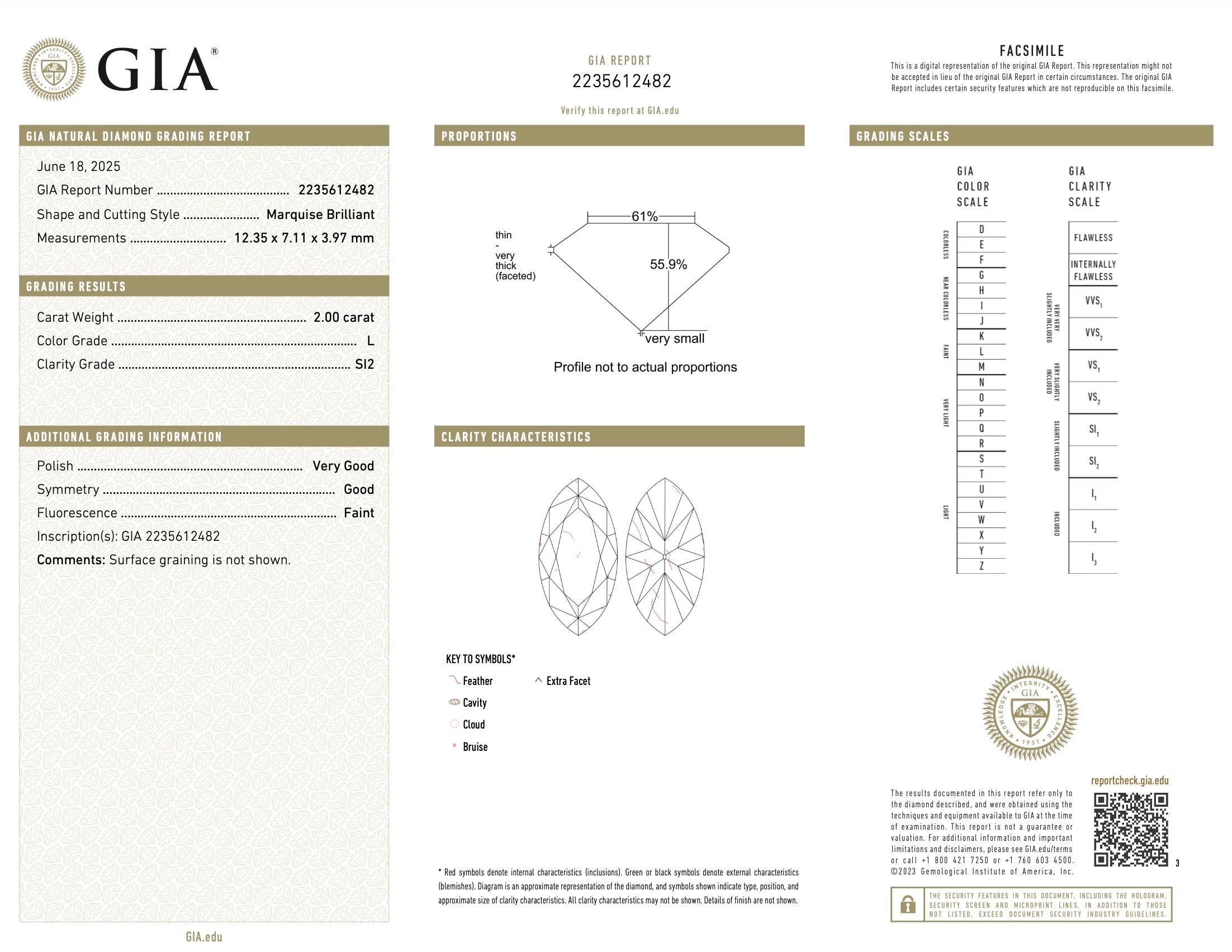 Anello con diamante marquise da 2 carati certificato GIA in oro bianco 18 carati in vendita 5