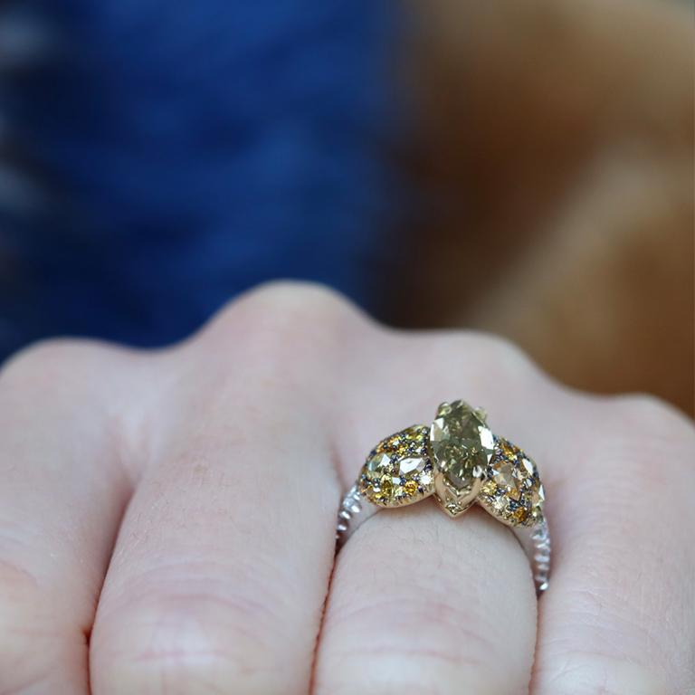 2 Carat Marquise Fancy Greenish Brown, Cognac Diamond Cocktail Ring For Sale 5
