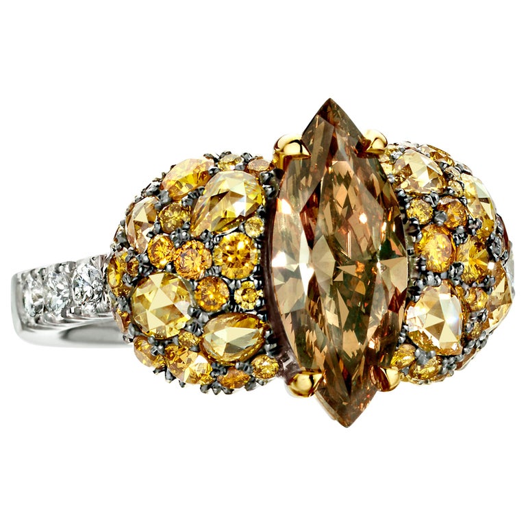 2 Carat Marquise Fancy Greenish Brown, Cognac Diamond Cocktail Ring For ...
