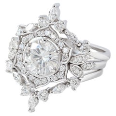 2 carat Moissanite Flower Engagement Three Ring Set - "Lily Pond" & "Iceland""