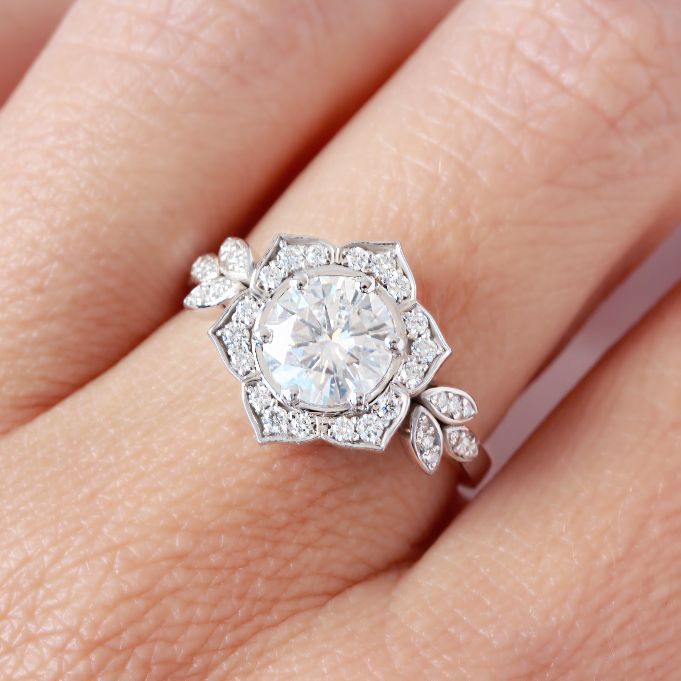 Art Deco 2 carat Moissanite Flower Engagement Three Ring Set - 