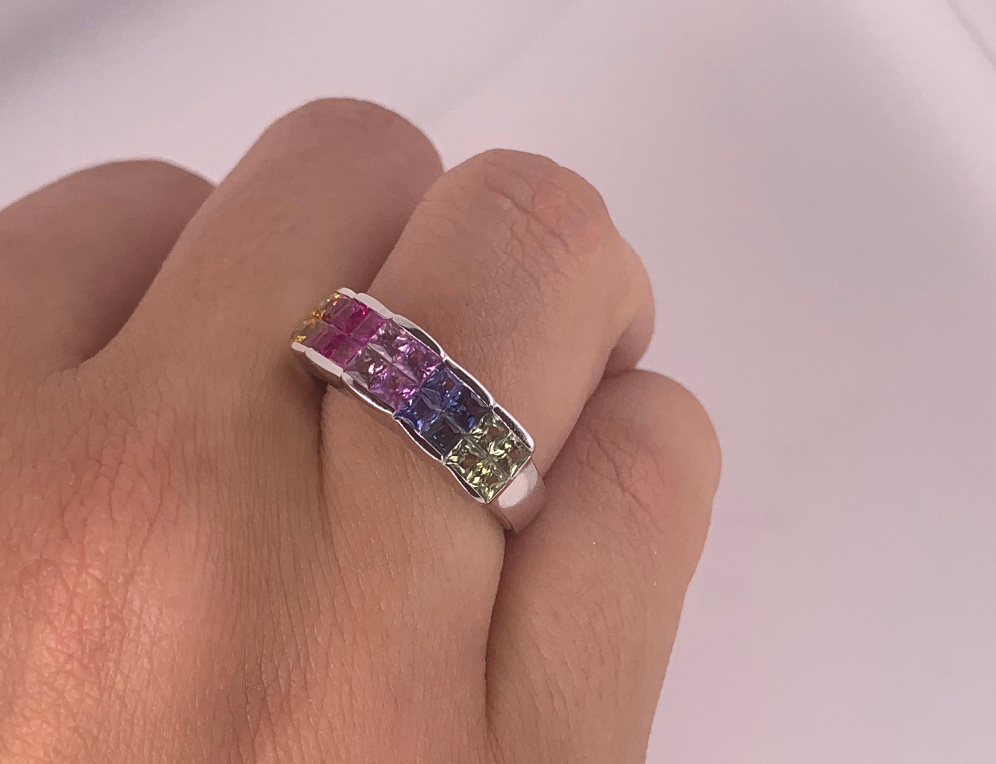 Princess Cut 2 Carat Multi-Color Sapphire Rainbow Band Ring