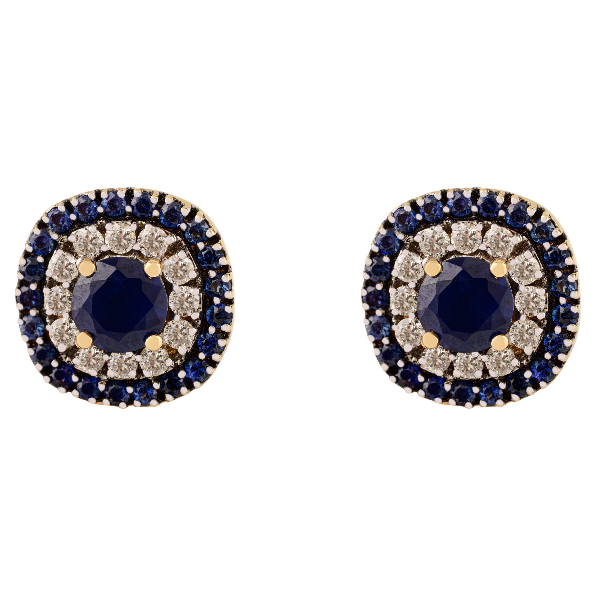 Orecchini a perno con zaffiro blu naturale e diamante da 2 carati in oro giallo 14 carati in vendita