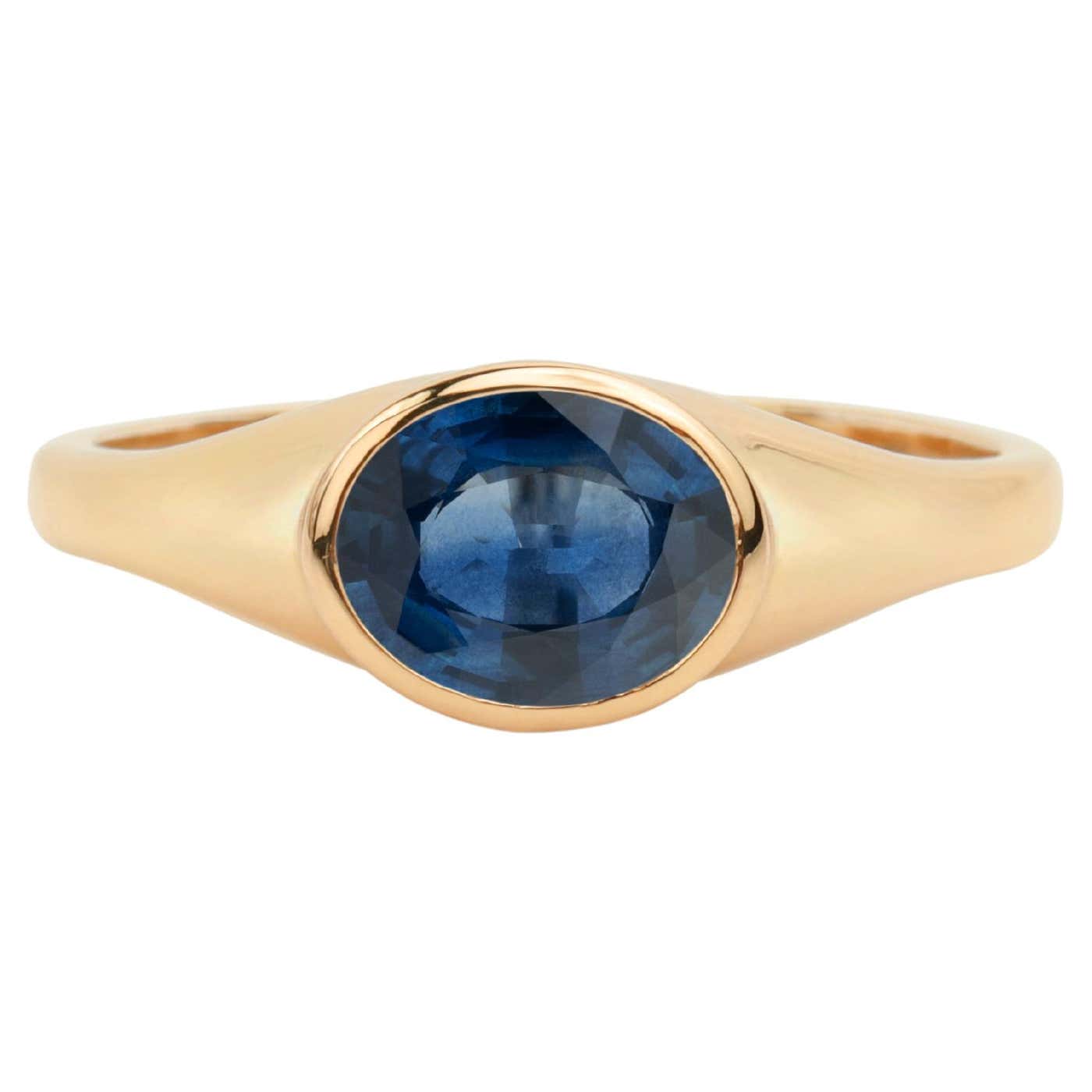 Solid Rings Blue 2 Carat Natural Blue Sapphire Signet Ring for Men and Women in 18k ...
