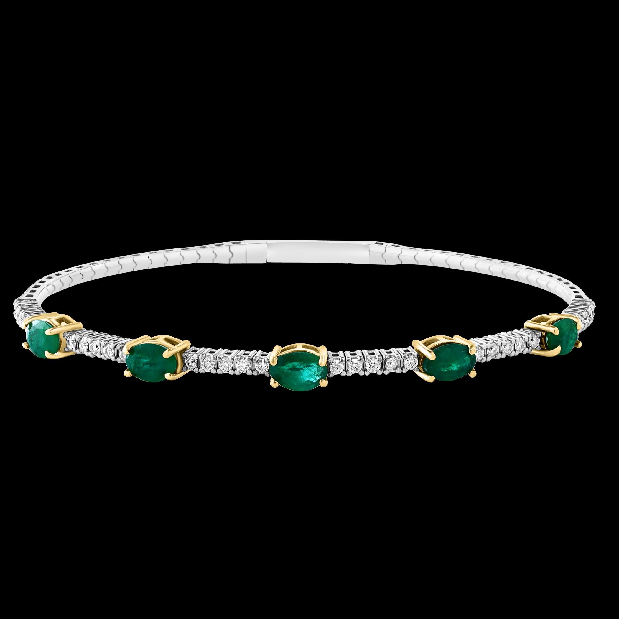 2 Carat Natural Brazilian Emerald & Diamond Bangle Bracelet 14 Karat White Gold For Sale 15