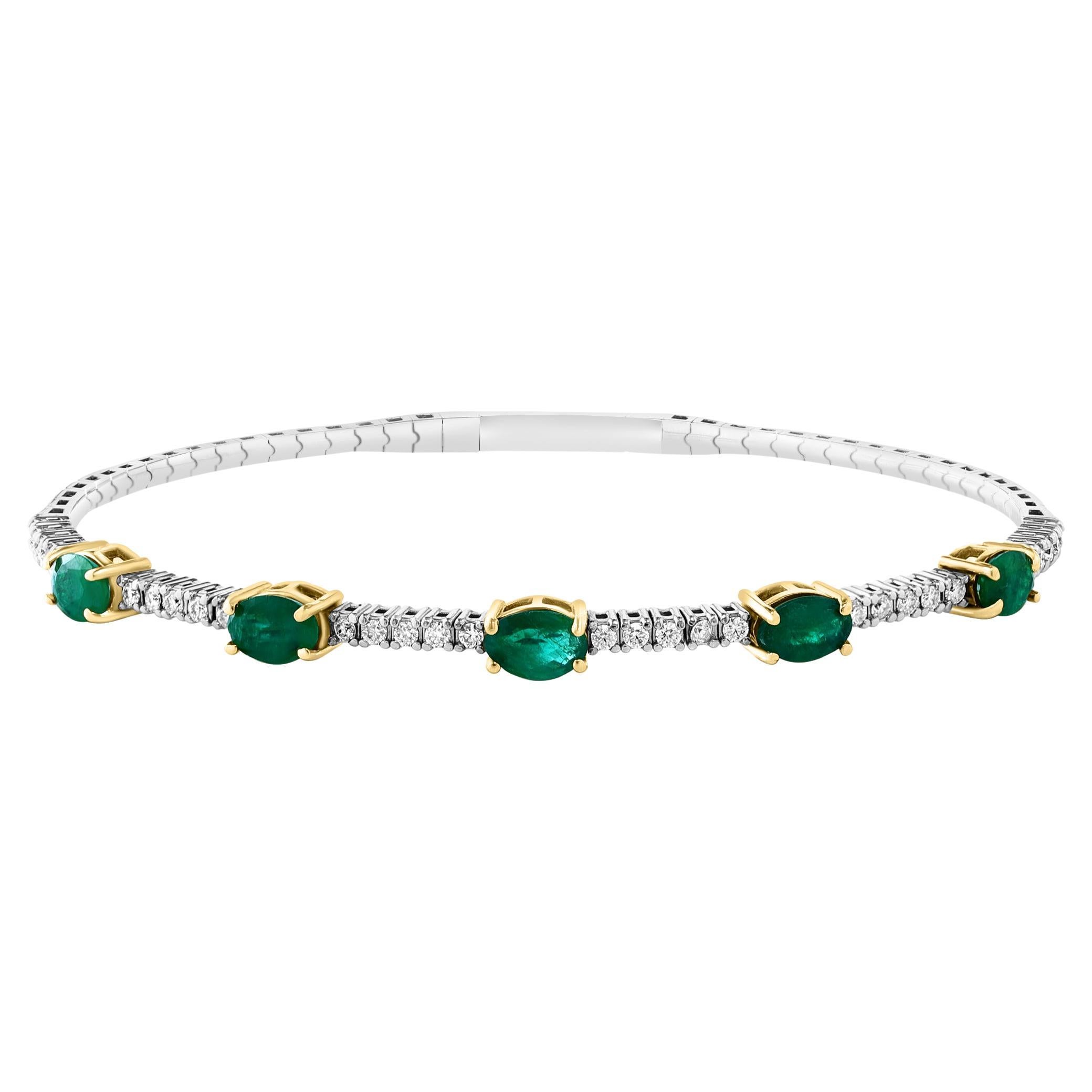 2 Carat Natural Brazilian Emerald & Diamond Bangle Bracelet 14 Karat White Gold