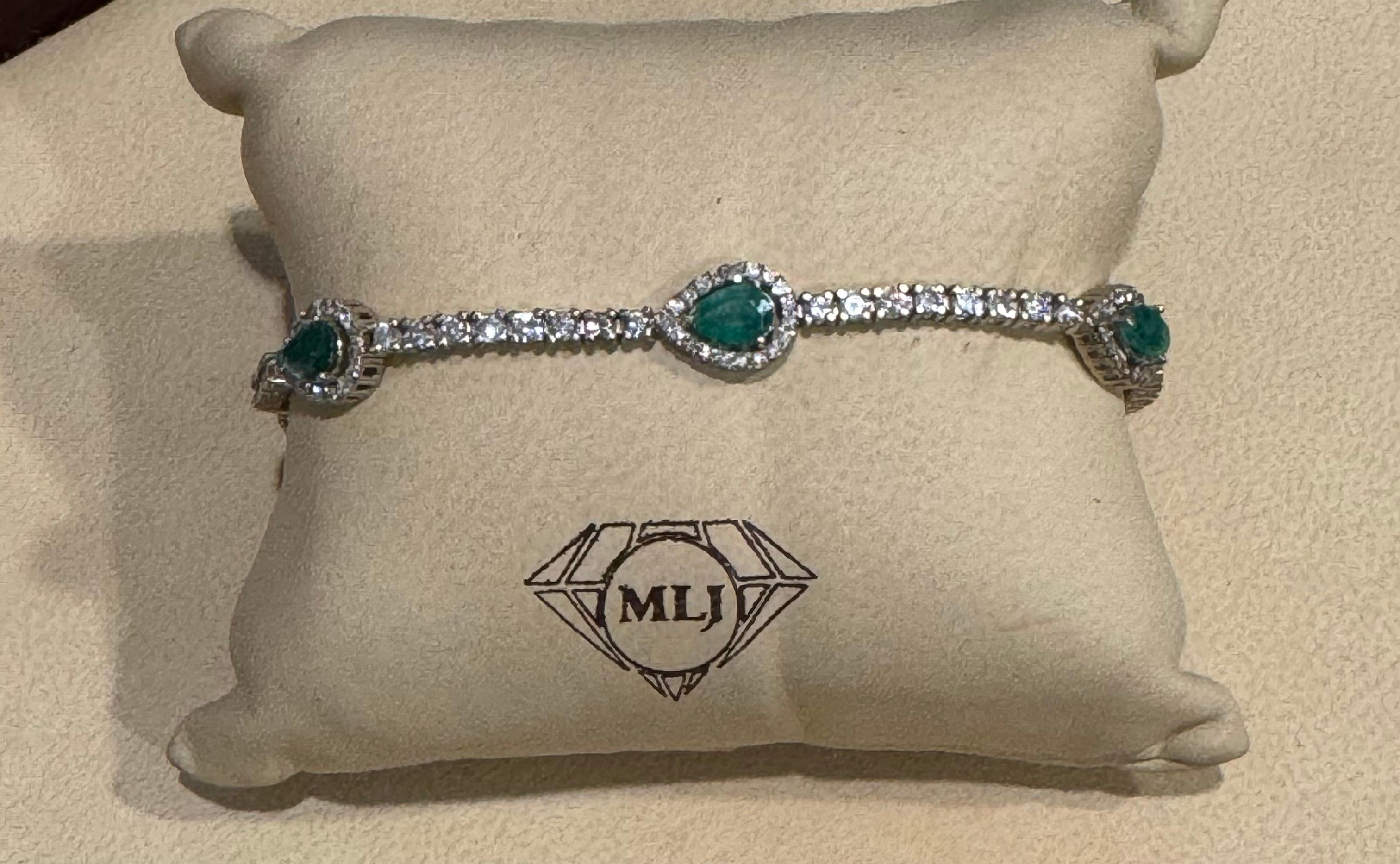 2 Karat natürlicher brasilianischer Smaragd & Diamant-Tennisarmband aus 14 Karat Weißgold (Tropfenschliff)