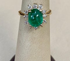 2 Carat Natural Cushion Cabochon Emerald & Diamond Ring 14 Karat Yellow Gold