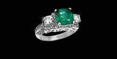 2 Carat Natural Cushion Cut Emerald & Diamond Ring 14 Karat White Gold