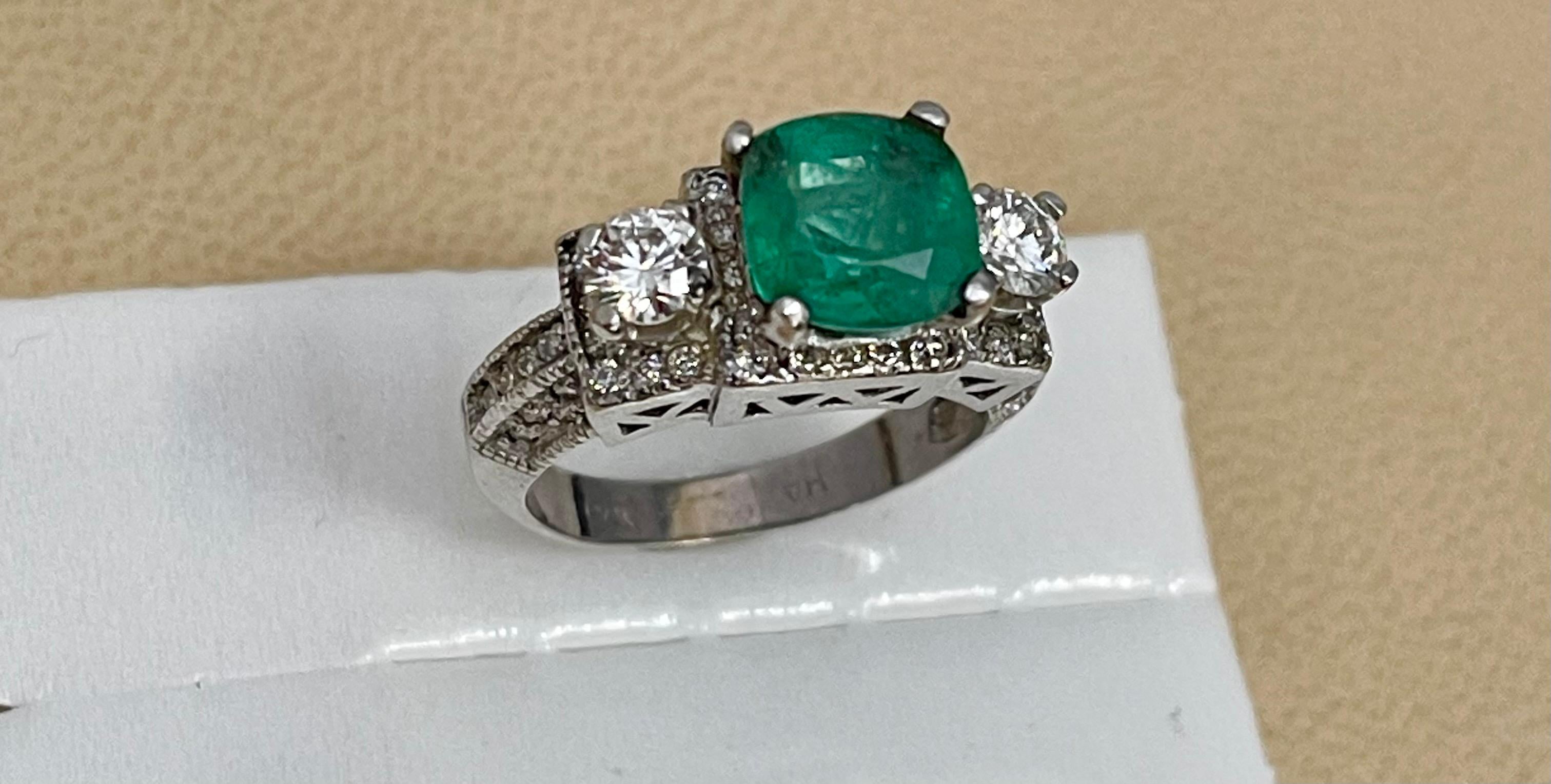 2 Carat Natural Cushion Cut Emerald & Diamond Ring 14 Karat White Gold For Sale 13