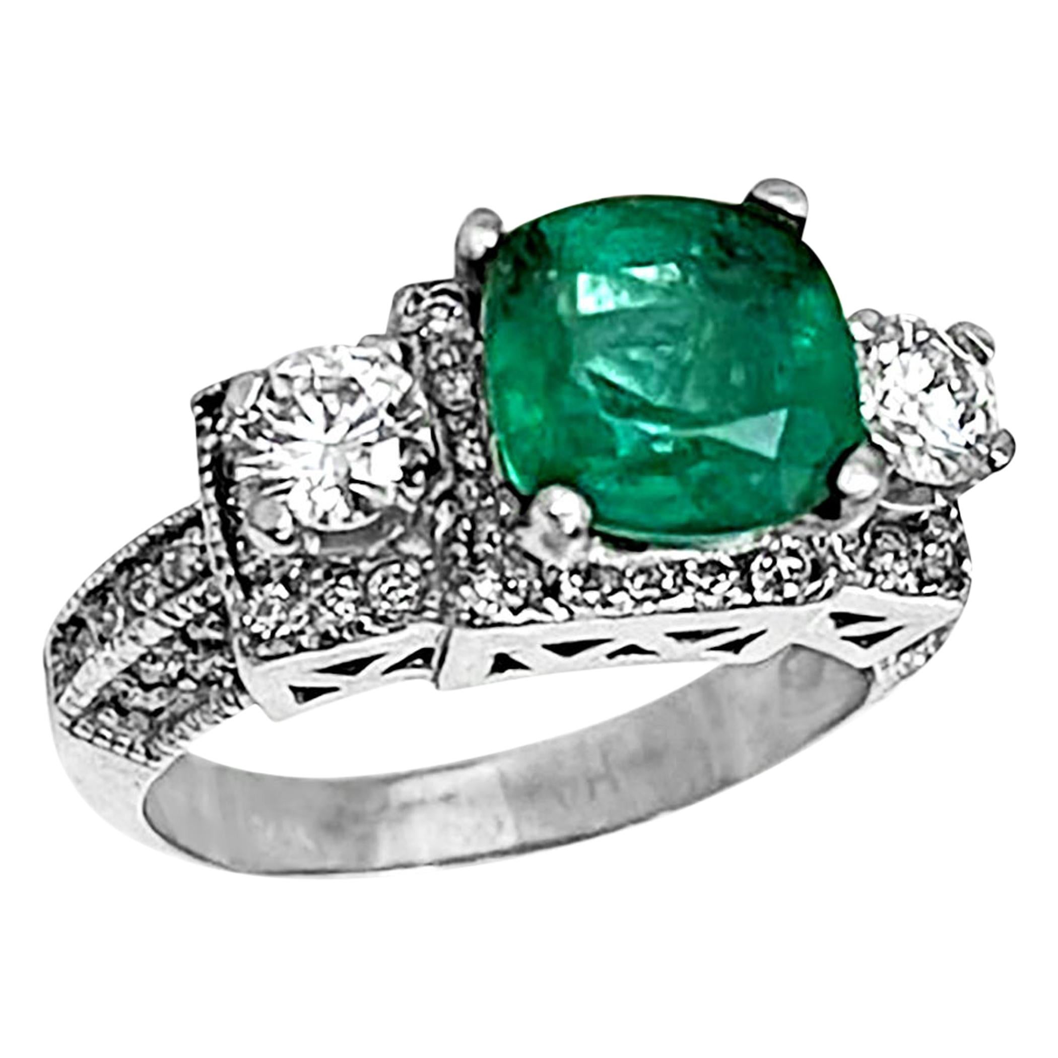 2 Carat Natural Cushion Cut Emerald & Diamond Ring 14 Karat White Gold