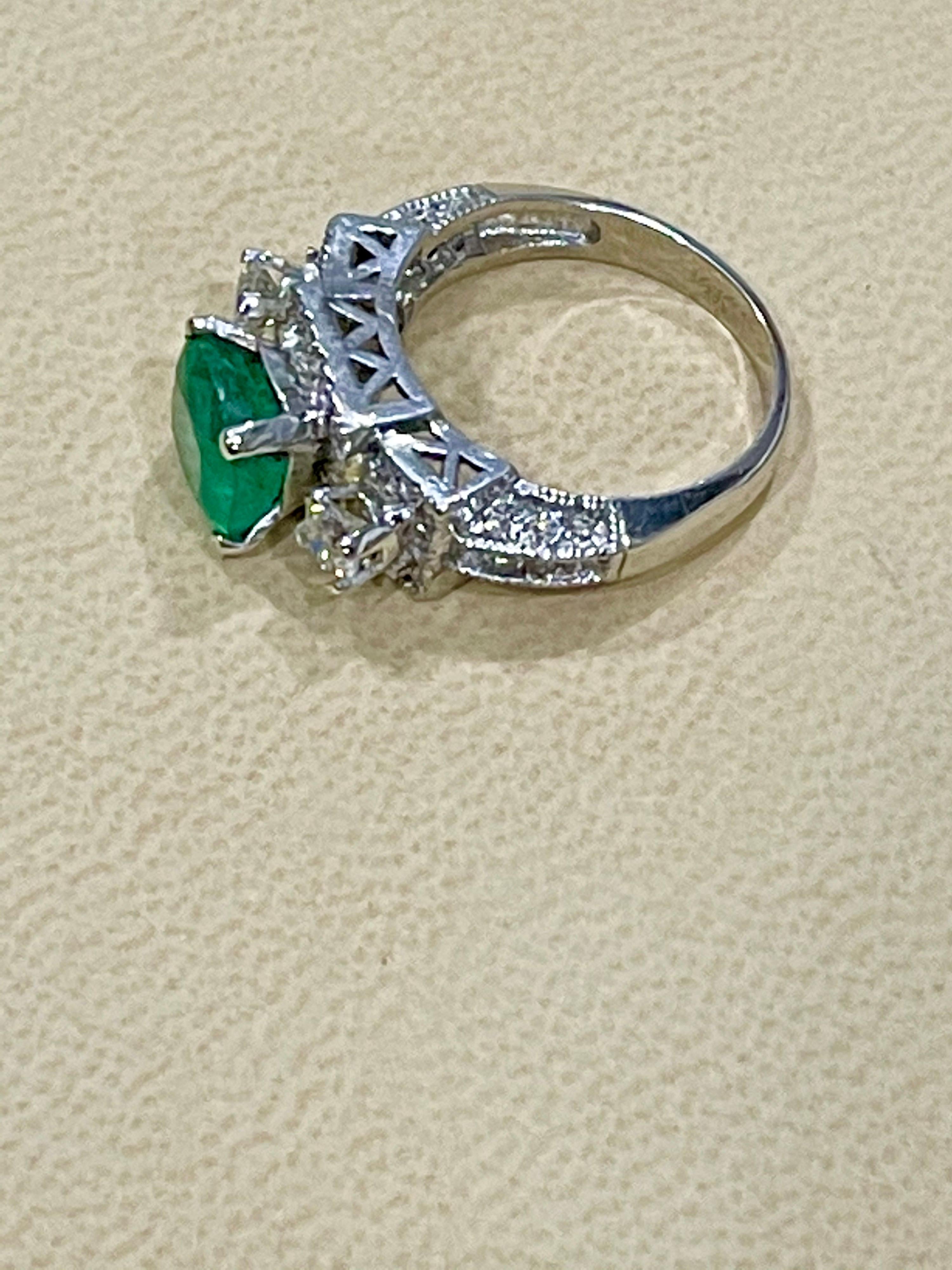 2 Carat Natural Cushion Cut Emerald & Diamond Ring 14 Karat White Gold For Sale 2