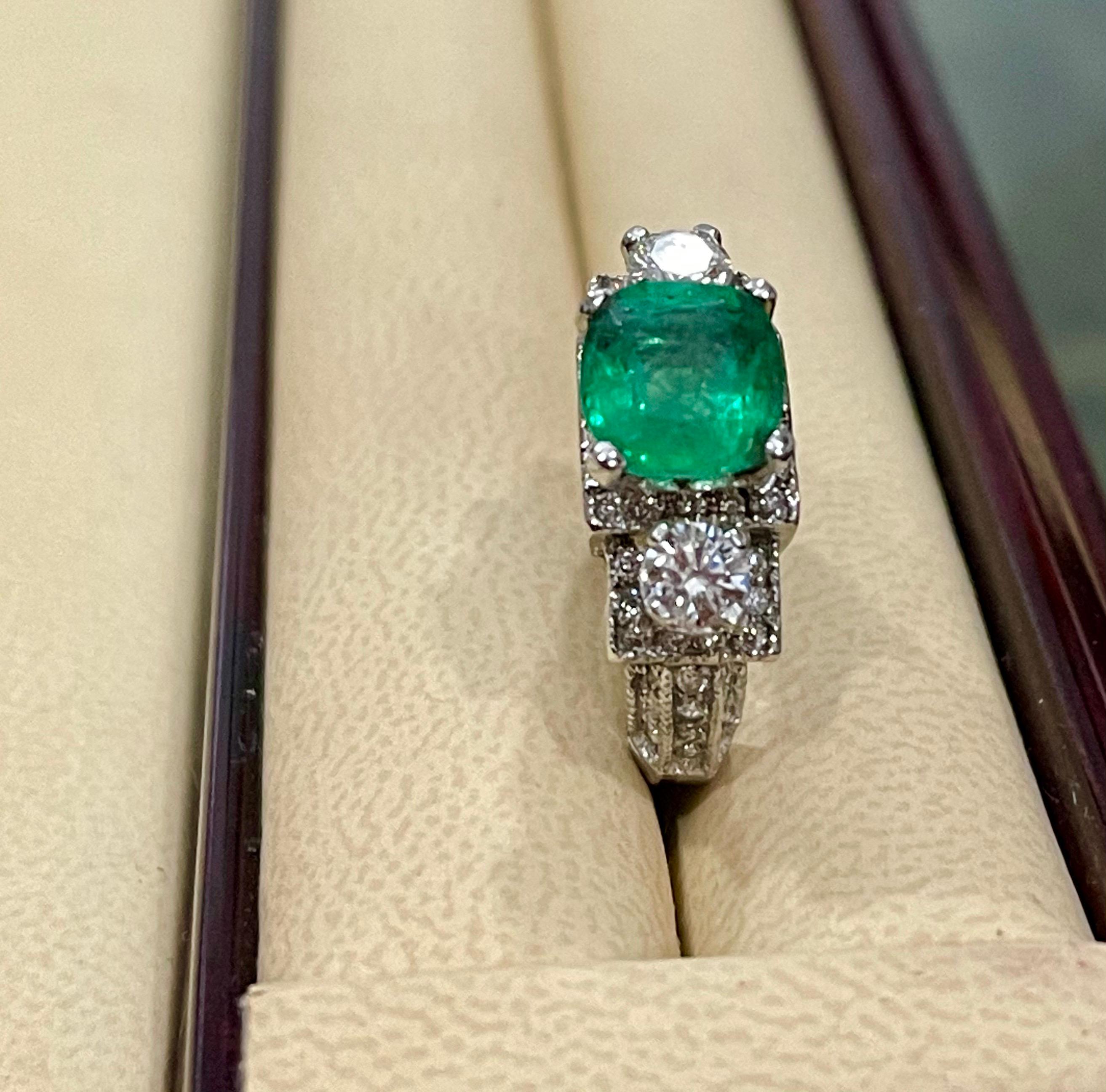 2 Carat Natural Cushion Cut Emerald & Diamond Ring 14 Karat White Gold For Sale 4