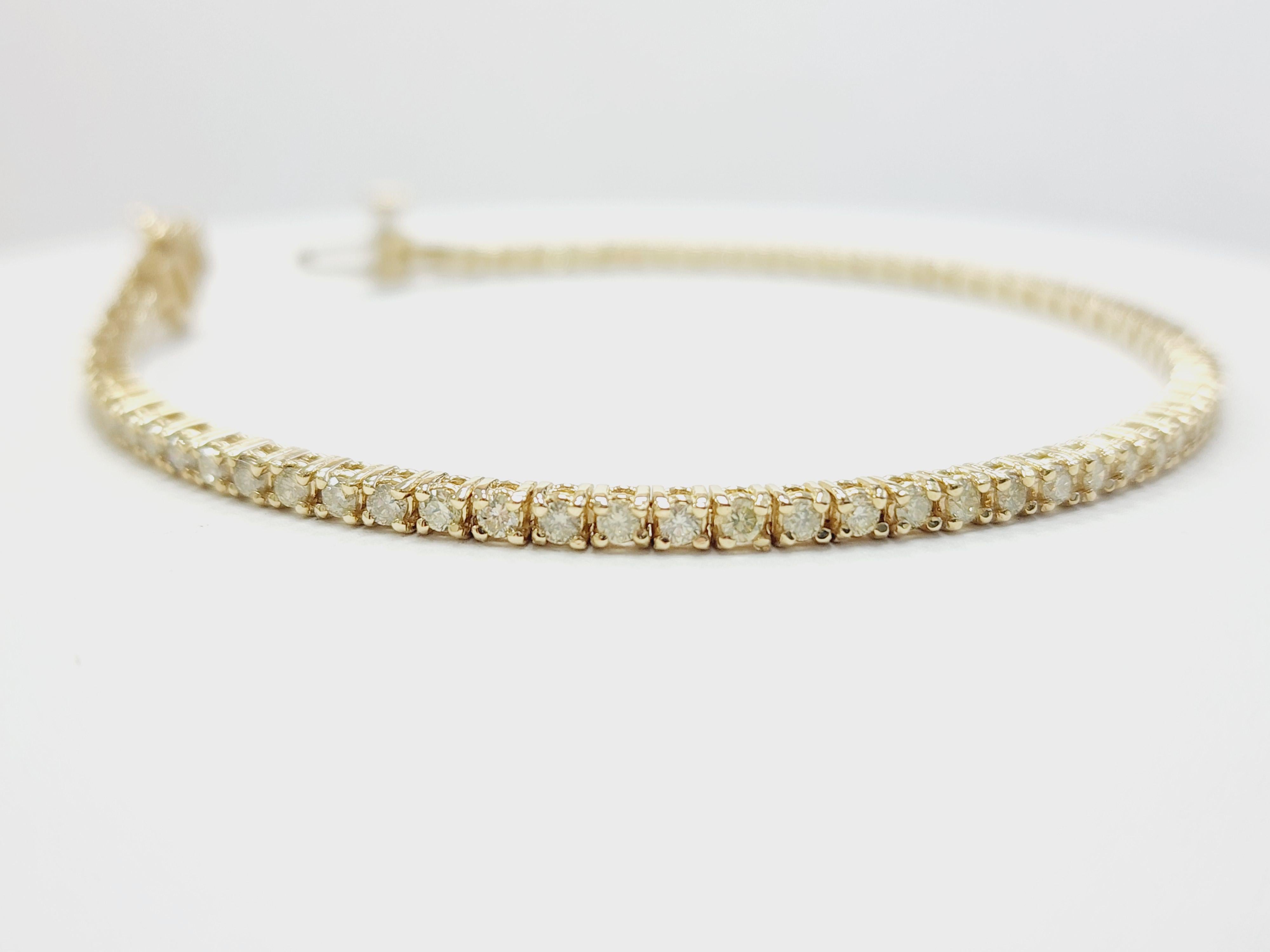 Women's or Men's 1.88 Carat Natural Diamond Tennis Bracelet 14 Karat Yellow Gold
