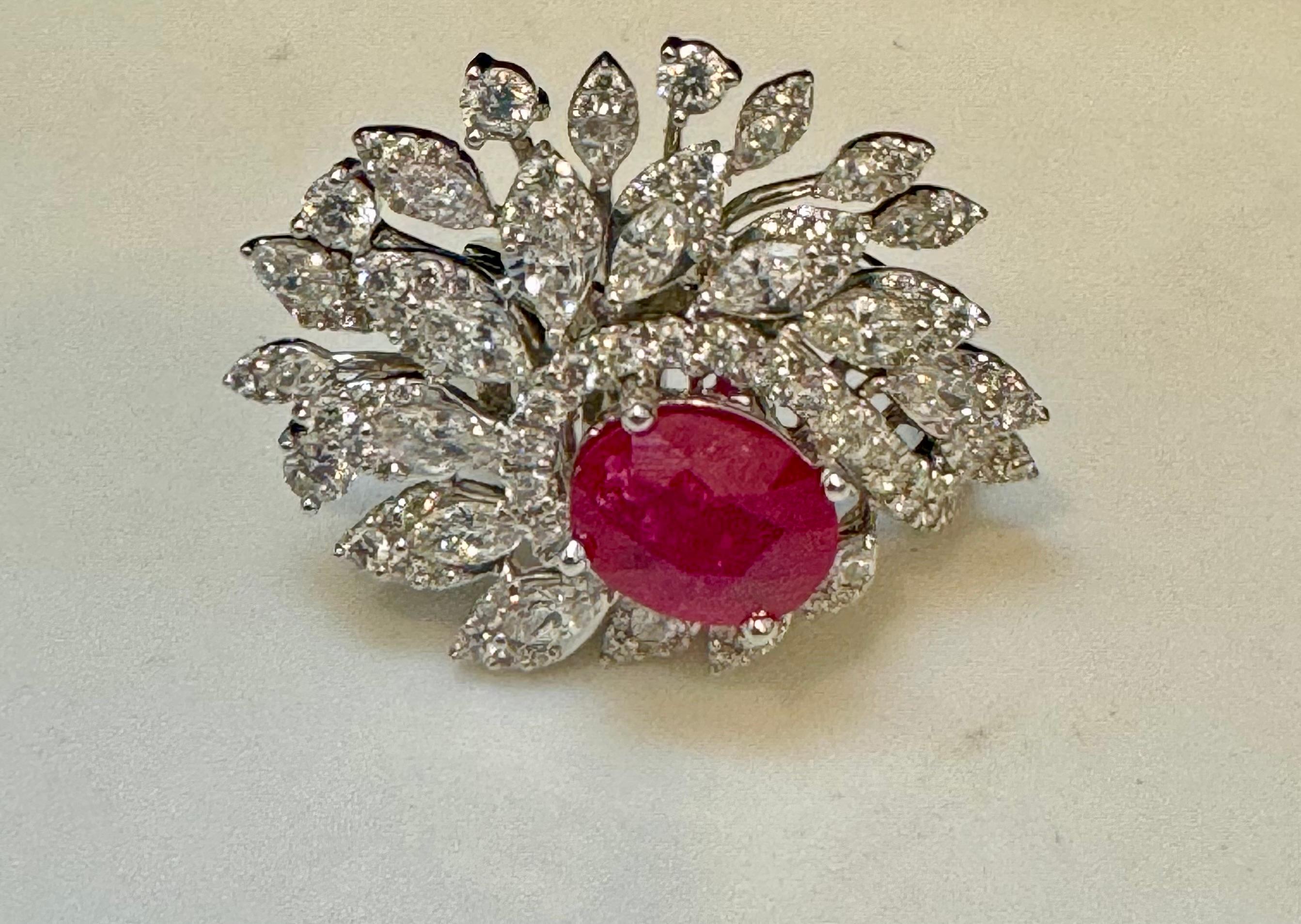 2 Carat Natural Oval  Ruby and 2.5 Carat Diamond 18 Karat White Gold Ring S 5.75 For Sale 1