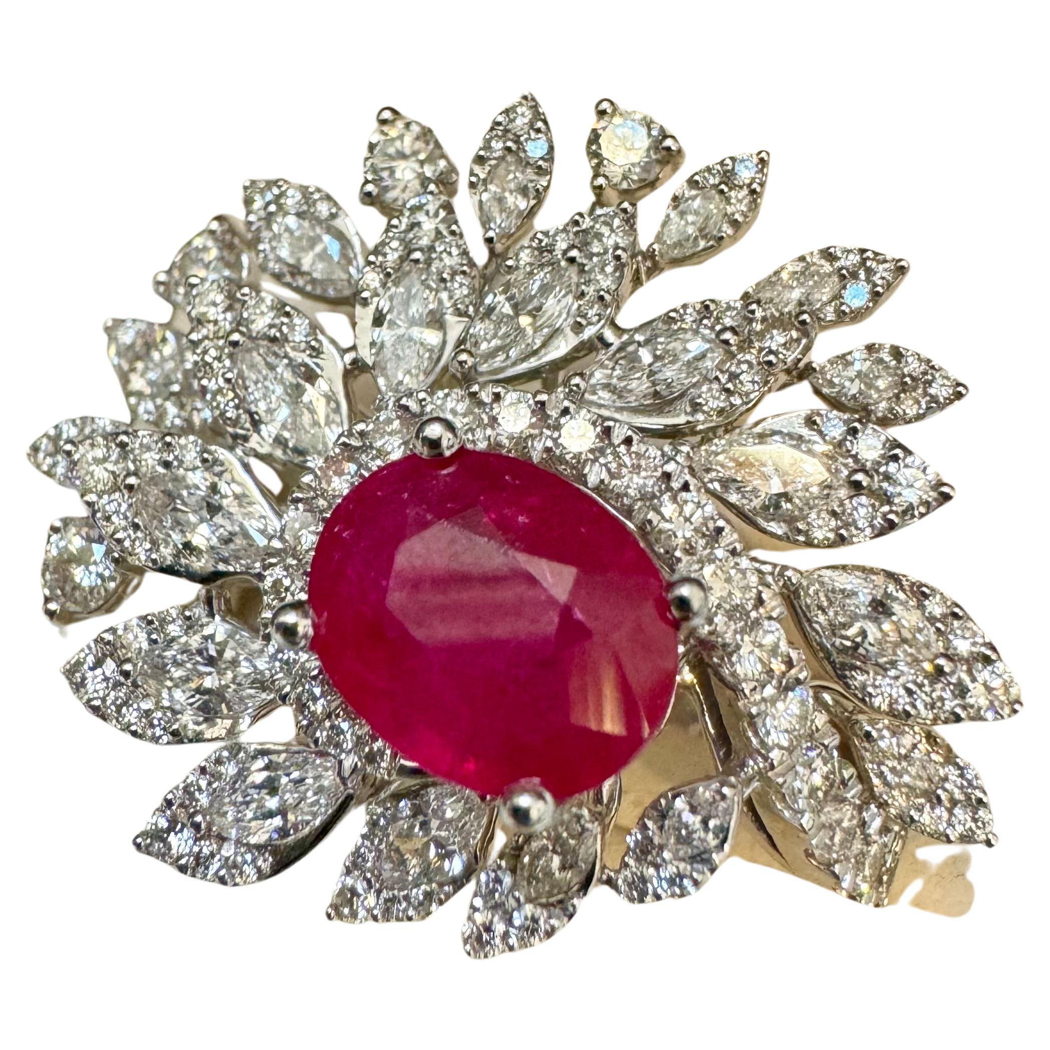2 Carat Natural Oval  Ruby and 2.5 Carat Diamond 18 Karat White Gold Ring S 5.75 For Sale