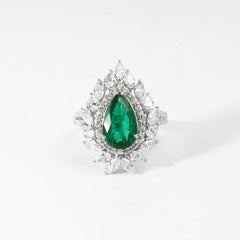 2ct Natural Pear-Cut Emerald & Diamond Double Halo Engagement Ring in 18K Gold