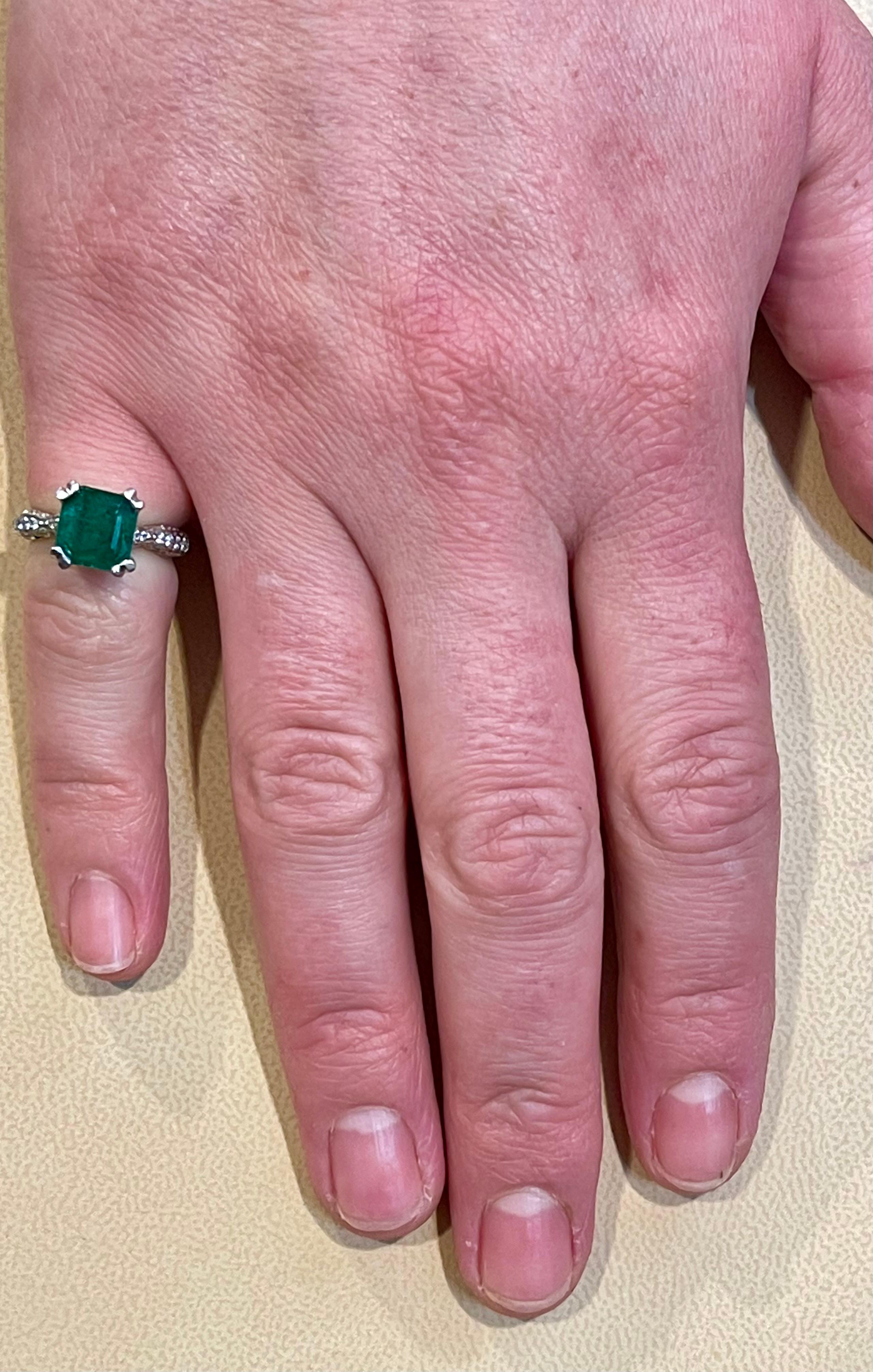 Cushion Cut 2 Carat Natural Square Emerald & 0.65 Ct Diamond Ring in Platinum For Sale