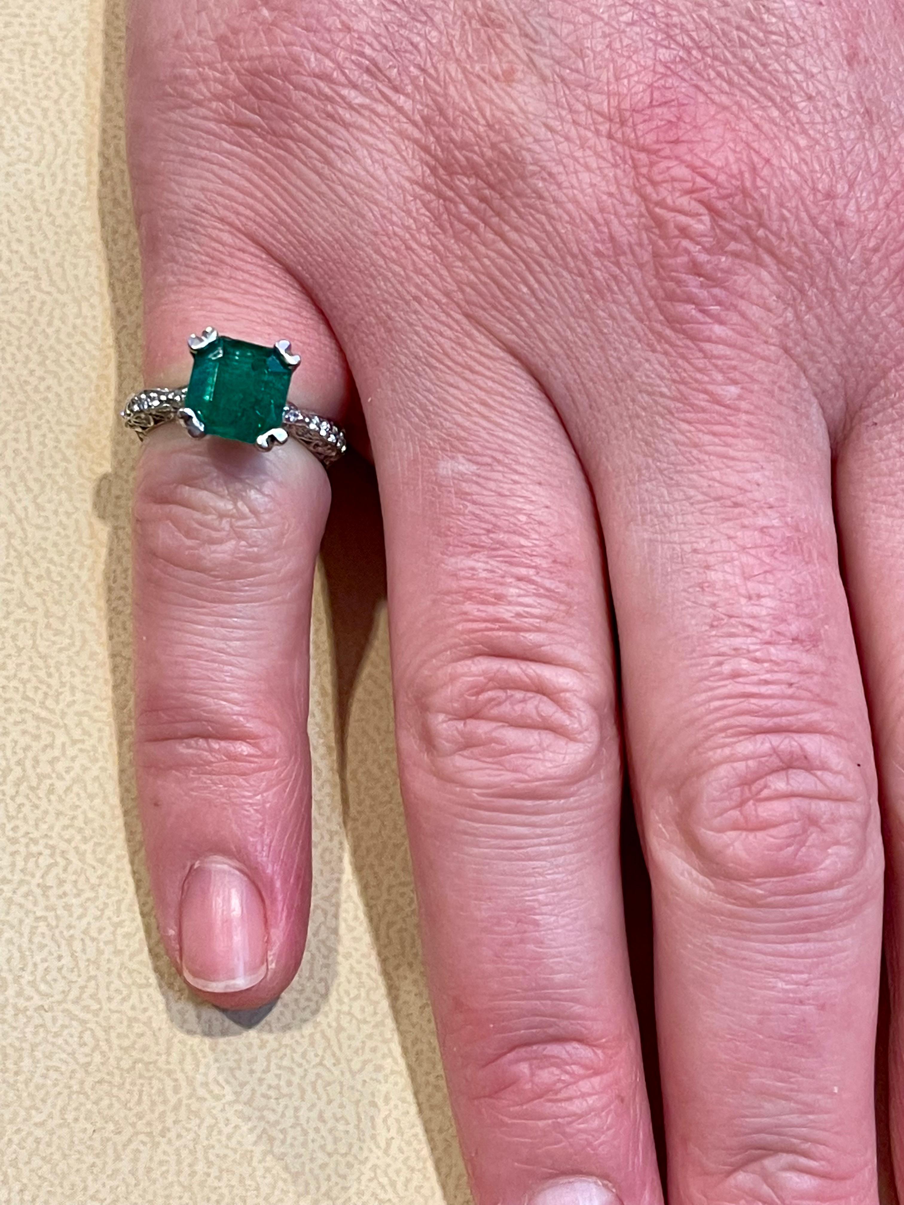 2 Carat Natural Square Emerald & 0.65 Ct Diamond Ring in Platinum For Sale 2