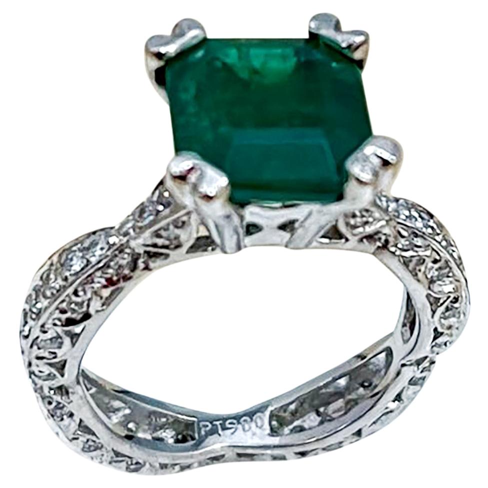 2 Carat Natural Square Emerald & 0.65 Ct Diamond Ring in Platinum For Sale