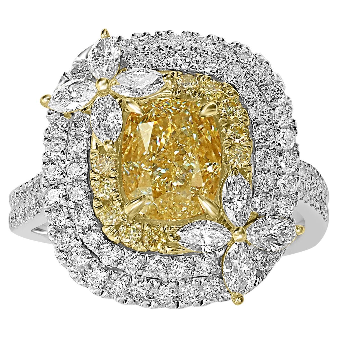 2 Carat Natural Yellow Diamond Cocktail Ring with 1.25ct Natural Diamond Accents