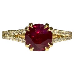 2 Carat No Heat Burma Ruby Round Ring, 18K Yellow Gold Ring, Diamonds, Rare Ruby