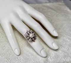 2 Carat Old Mine Cut Diamond Platinum Pearl Ring Antique Victorian Flower Motif