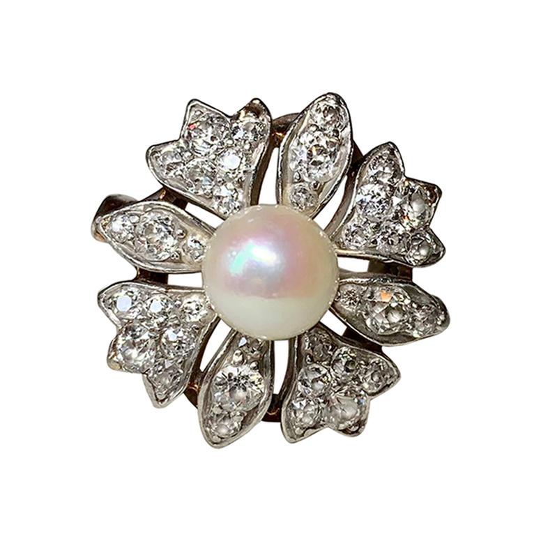 2 Carat Old Mine Cut Diamond Platinum Pearl Ring Antique Victorian Flower Motif
