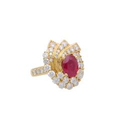 2 Carat Oval Burma Ruby & Diamond Halo Set in 18K Yellow Gold Statement Ring