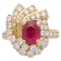2 Carat Oval Burma Ruby & Diamond Halo Set in 18K Yellow Gold Statement Ring